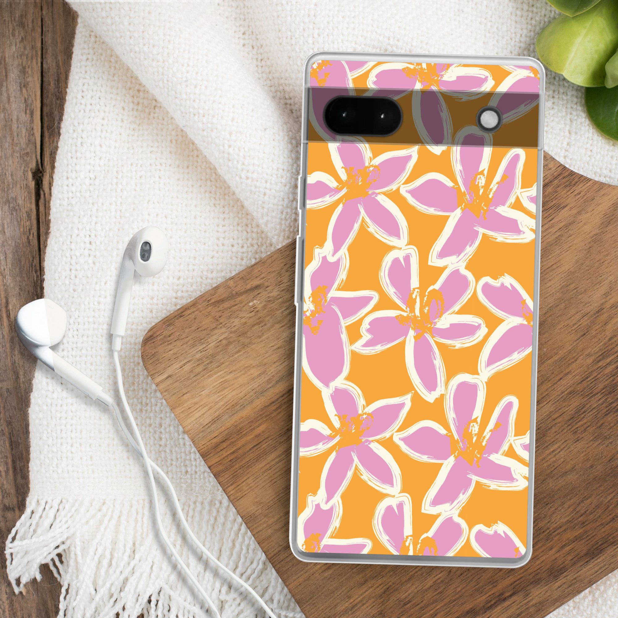 MuchoWow Handyhülle für Google Pixel 6a Blumen - Muster - Rosa - Orange, Phone Case, Silikon, Schutzhülle Dünn