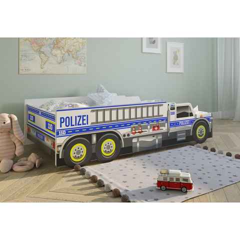 Kids Collective Autobett Kinderbett Jugendbett 80x160, Polizei mit Rausfallschutz Polizeiauto, mit Lattenrost,160 x 80 cm,optional mit Matratze,Polizist Spielbett