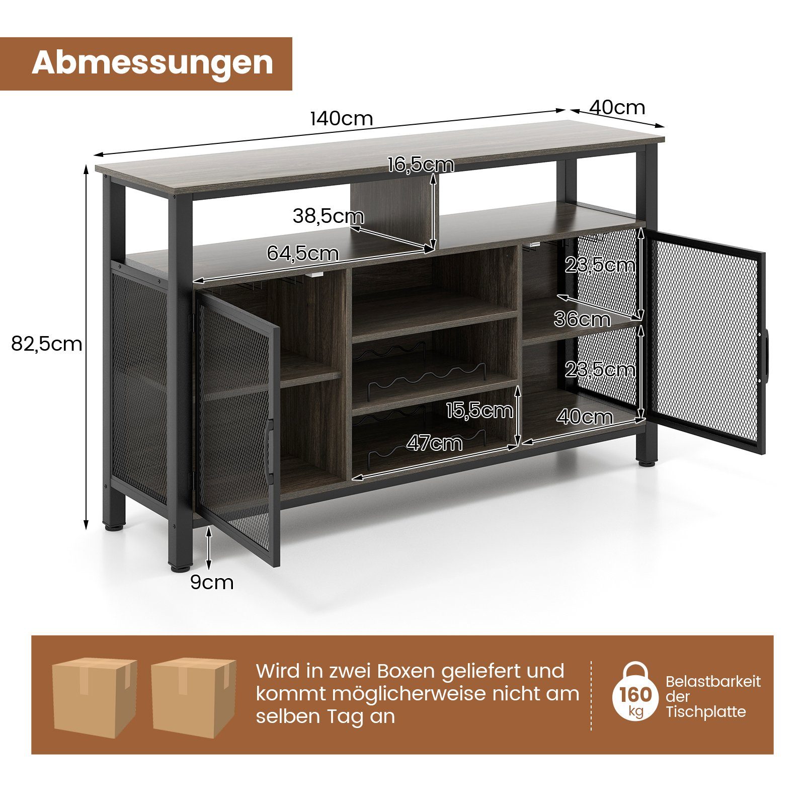 COSTWAY Sideboard, Küchenschrank mit 2 Metallgittertüren, Weinregalen, 140cm