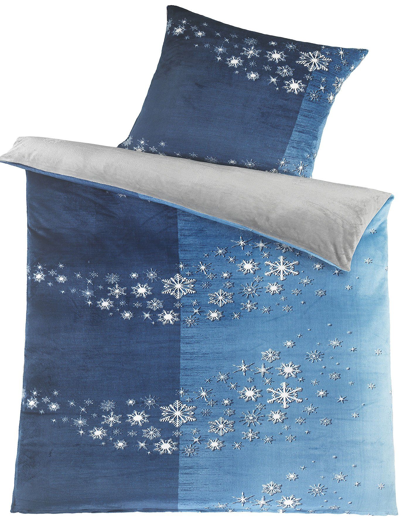 KH-Haushaltshandel Bettwäsche Winter Wende Bettwäsche Cashmere Touch Fleece, 135x200+80x80cm, Fleece, 2 teilig, blau Sterne + uni grau, Plüsch Nicky, Teddy, weich, warm, fluffig
