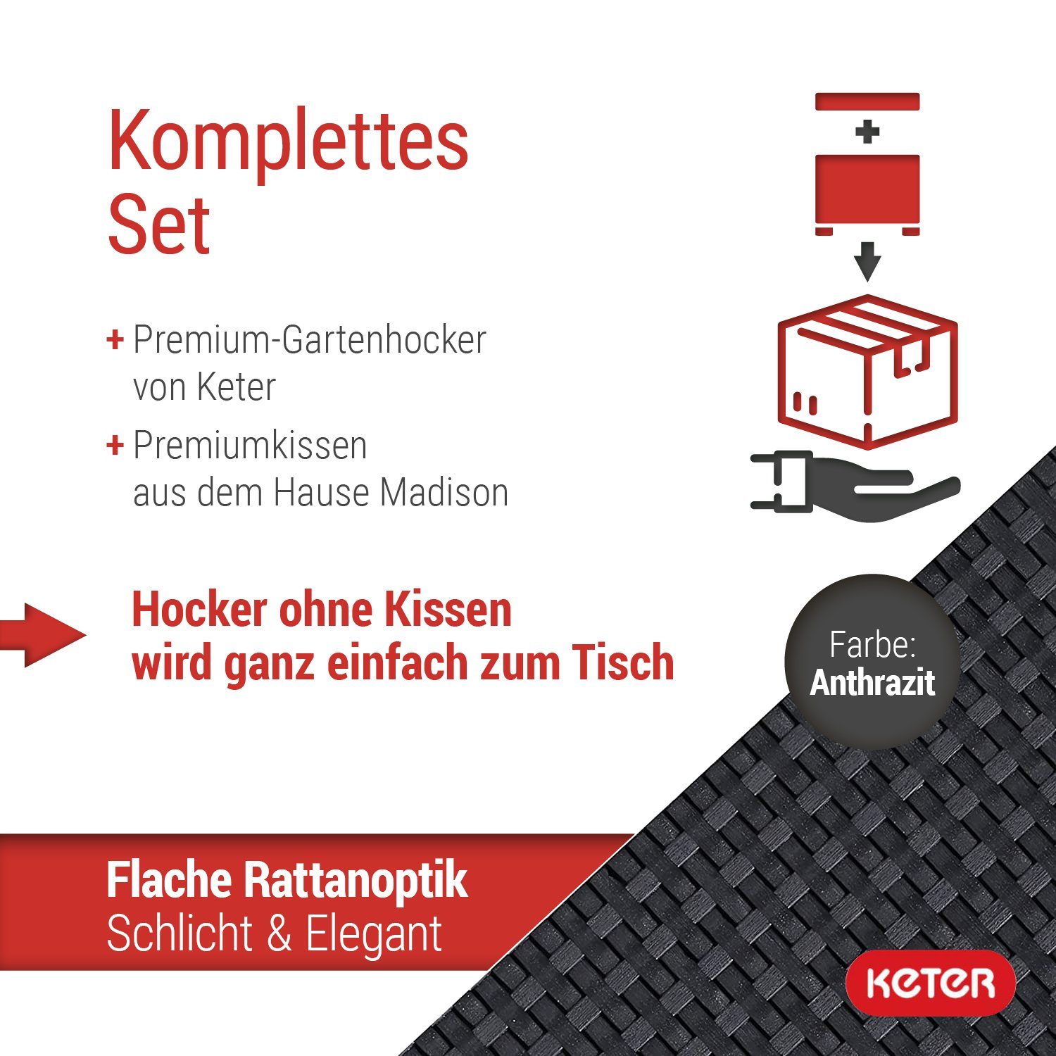 Keter Gartenlounge-Hocker Provence Hocker anthrazit mit Kissen grau, wetterfest, Rattanoptik