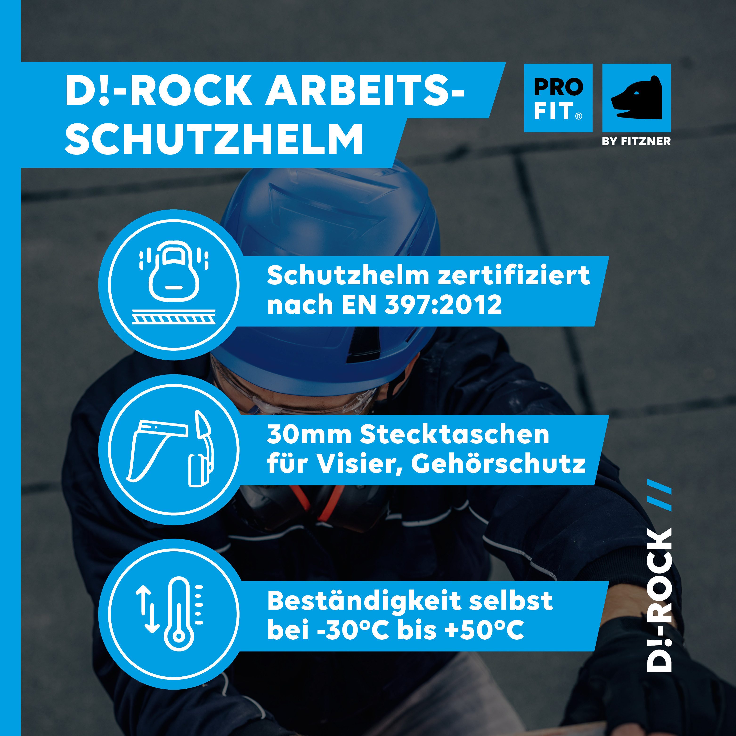 PRO FIT Sicherheitshelm Pro Cap D!-Rock, moderner leichter Arbeitsschutzhelm (1, Stück), leicht, hoher Tragekomfort, Kinnriemen, modernes Ratschensystem