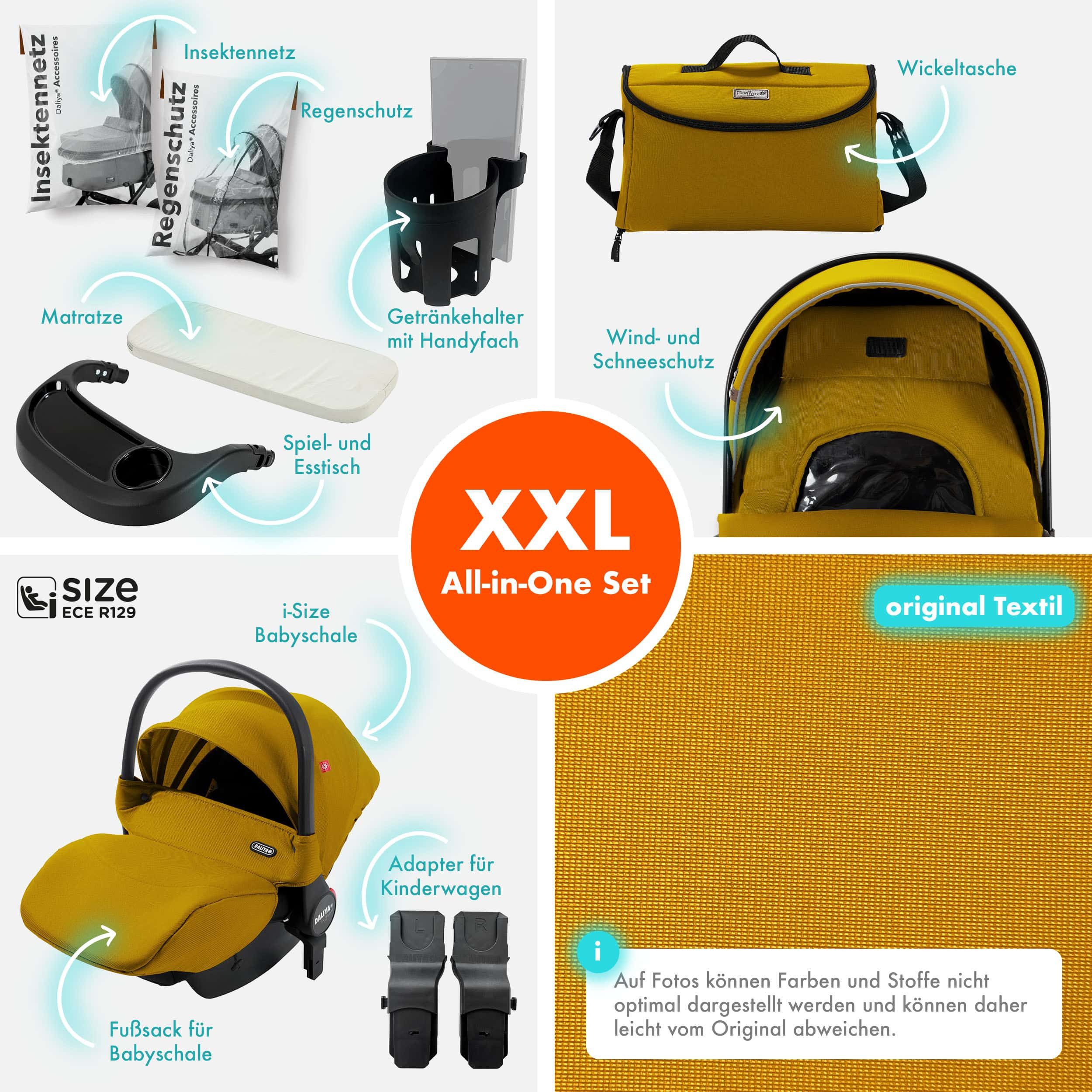 Daliya® Kombi-Kinderwagen FLEXI-PRO M 3in1 Kinderwagen & Buggy, Reisekinderwagen, XXL Set, (XXL-Set mit i-Size Babyschale, 13-tlg), Einhändig abnehmbare Wanne, i-Size Babyschale, Alu-Rahmen, Gummireifen