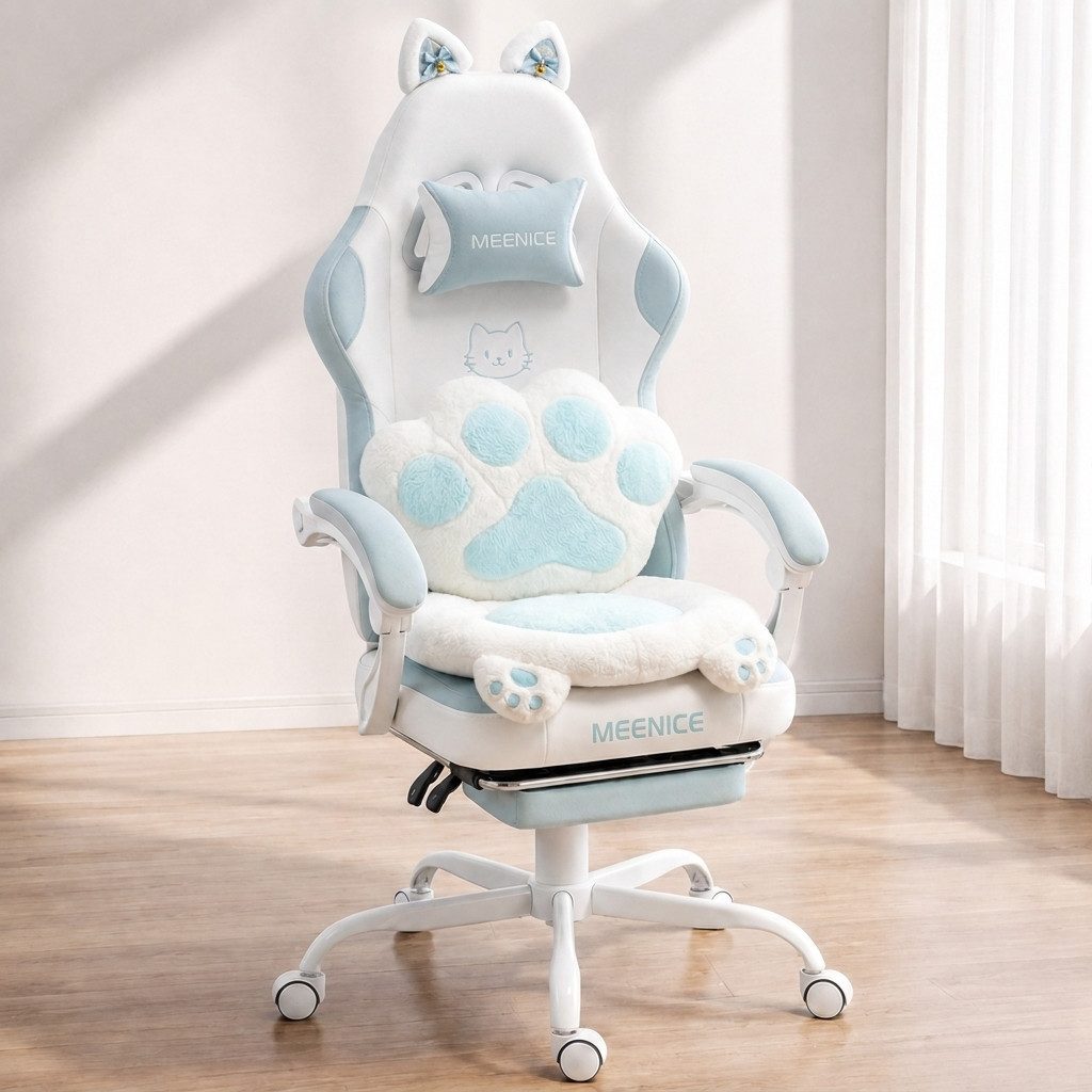 Dowinx Gaming-Stuhl Rosa Bürostuhl mit Kissen mit Katzenohren und Katzenpfoten (Packung), Ergonomischer Computerstuhl mit Fußstütze, PC-Spiele-Stuhl für Mädchen