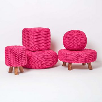 Homescapes Pouf Gestrickter Sitzwürfel 100% Baumwolle, pink