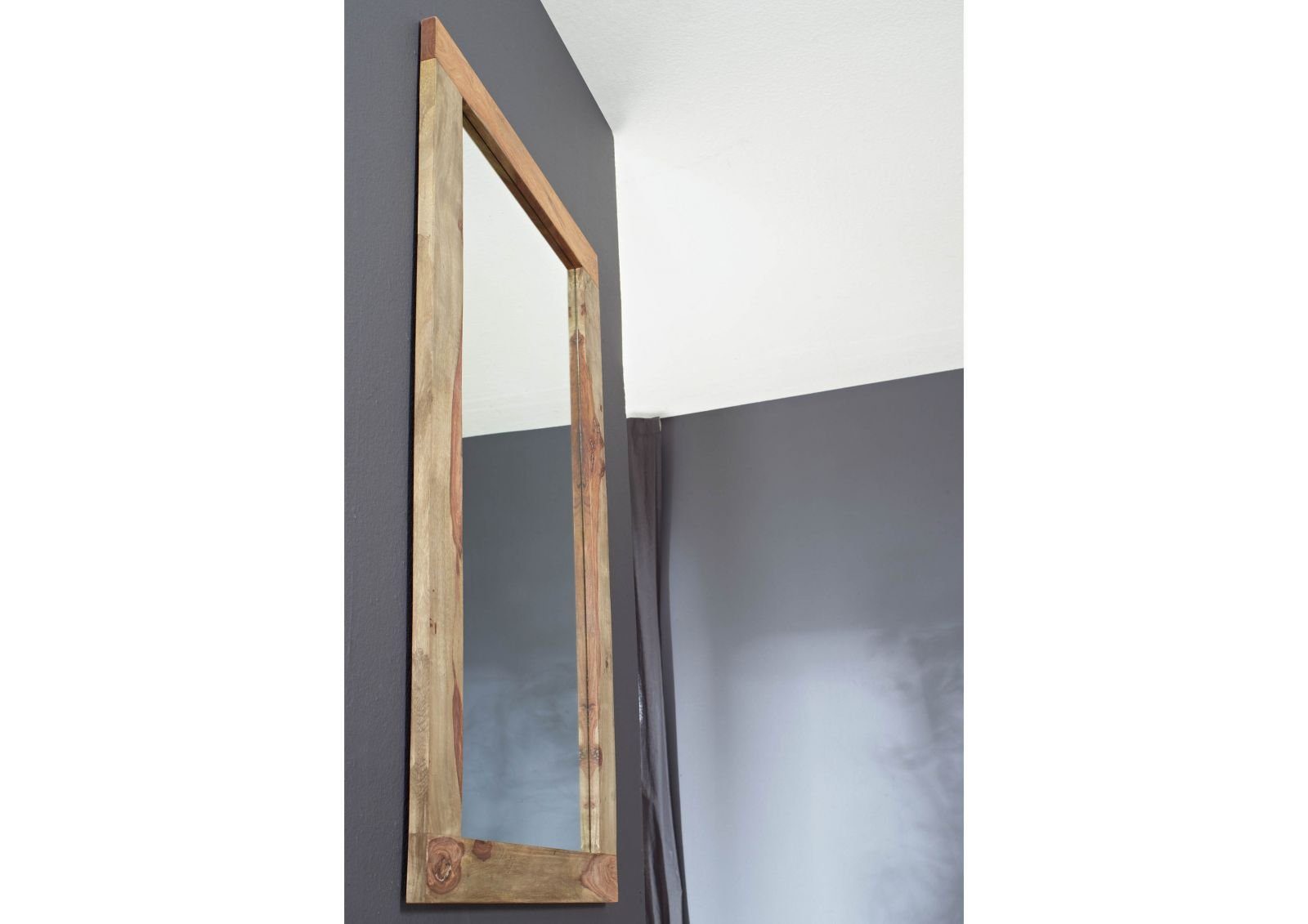 Massivmoebel24 geölt NATURE Spiegel, (Moderner 145x3x70 Massivholz grau Sheesham montiert) Design, Spiegel GREY geradliniges