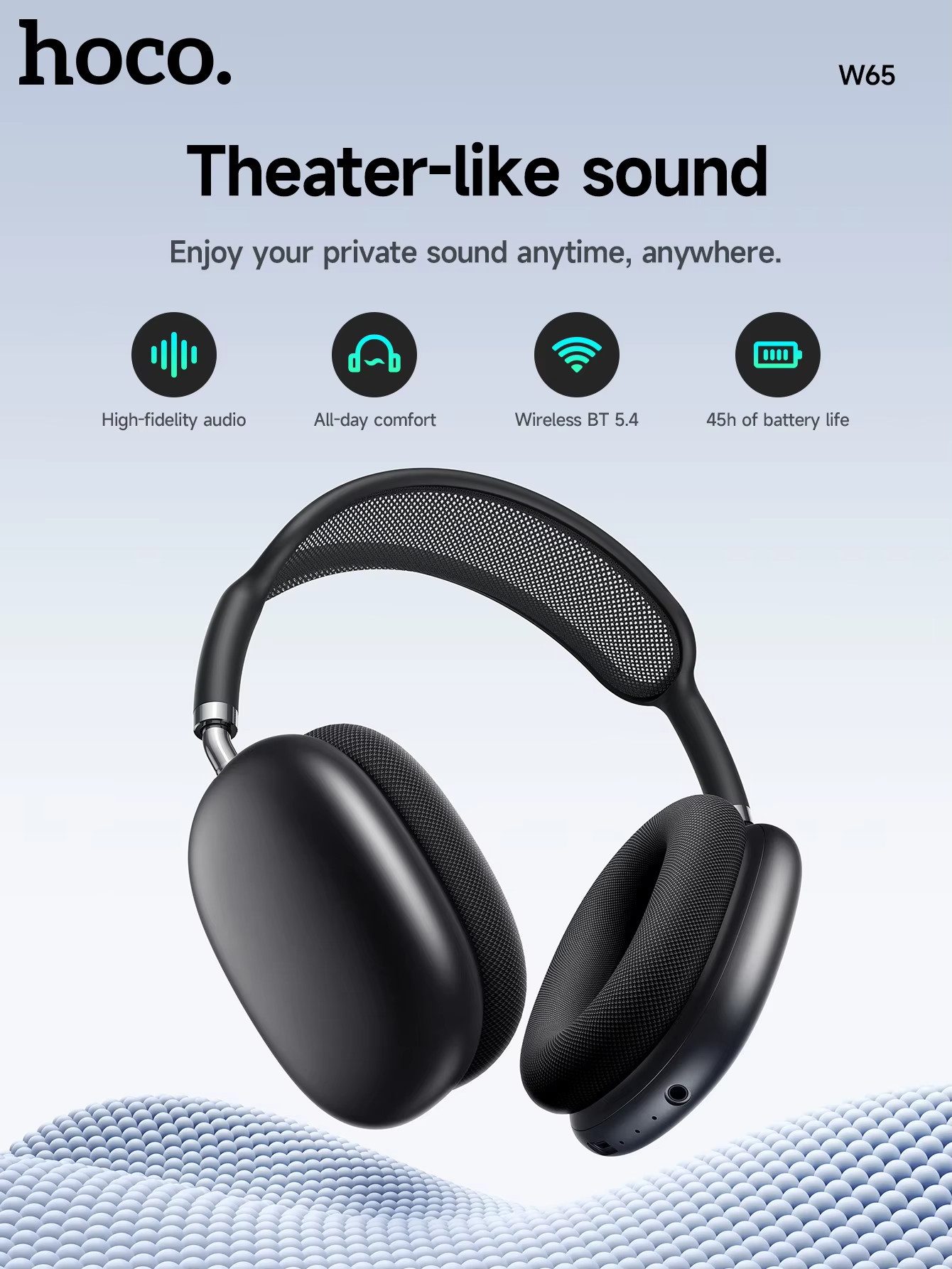 hoco. W65 Plus Kabellose Over-Ear-Kopfhörer Headset mit ANC Bluetooth-Kopfhörer (Bluetooth, Aktive Geräuschunterdrückung, Komfortable Stoff-Ohrpolster)