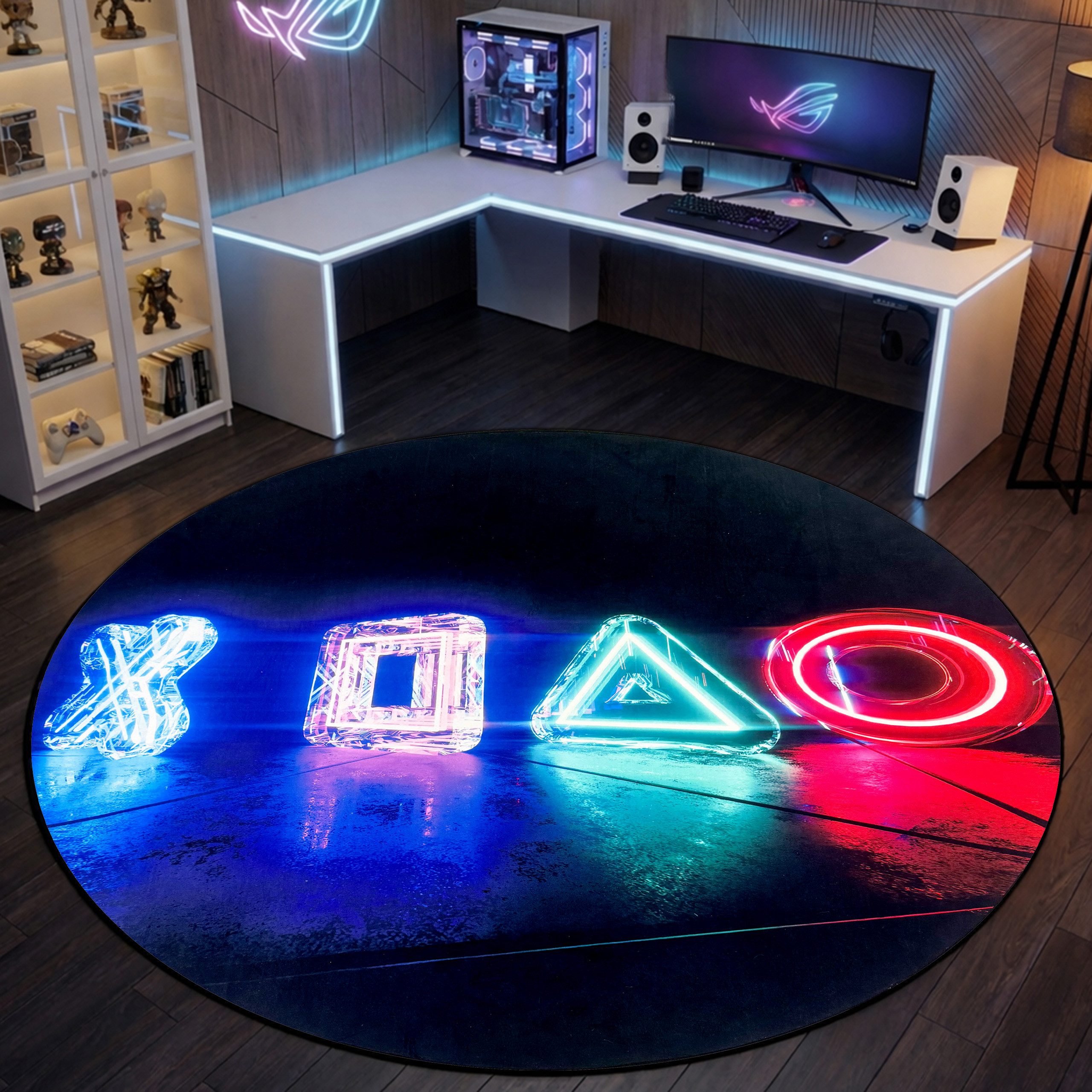 TeppichHome24 Teppich Gaming Teppich mit neonfarbigen Symbolen, rund, pflegeleicht, gleichmäßige Oberfläche, für Fußbodenheizung geeignet