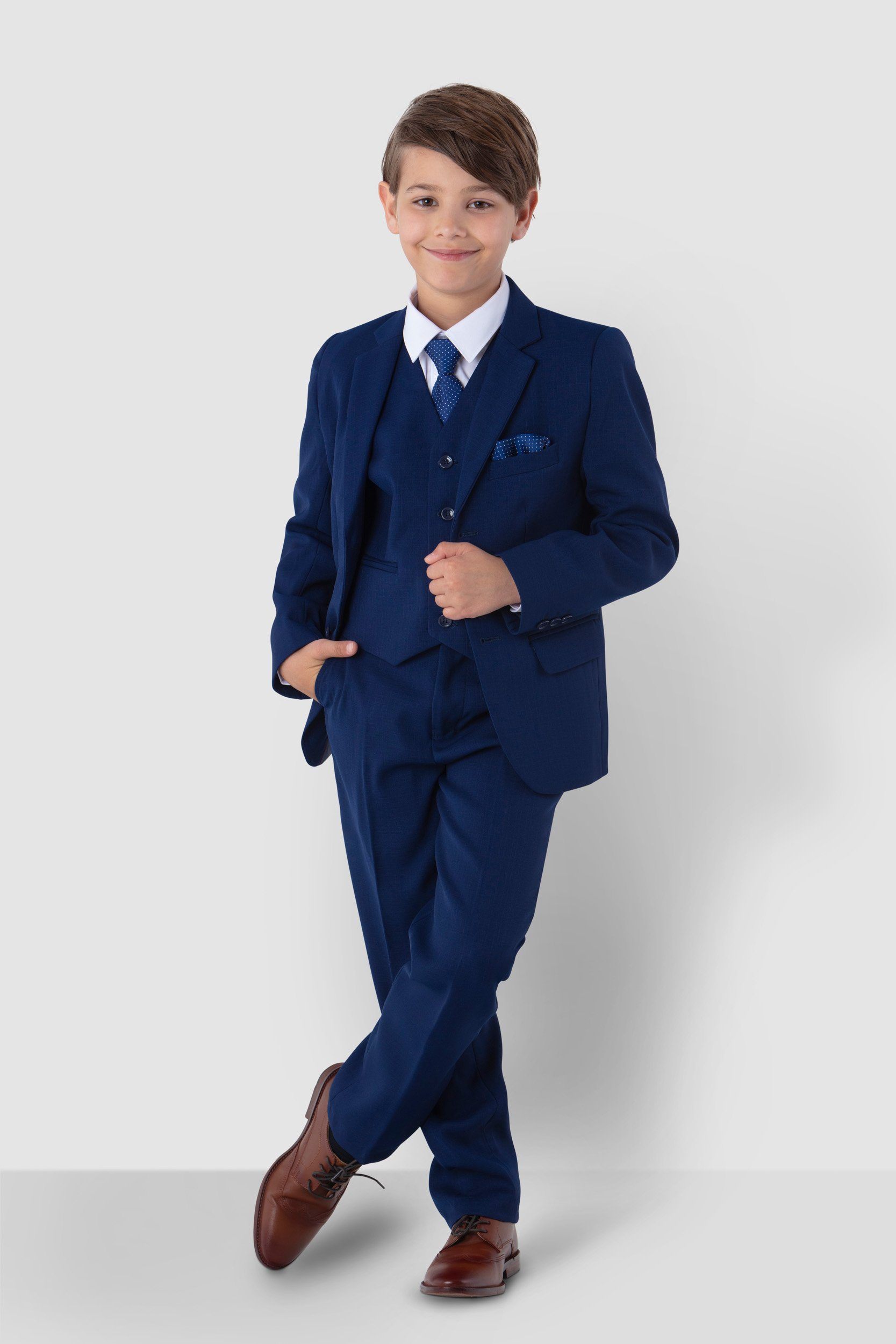 Melli-Trends Kinderanzug Jungenanzug, Kommunionanzug, blau Krawatte, Hemd, (Sakko, Hose 6-teilig) festlich, und elegant Weste