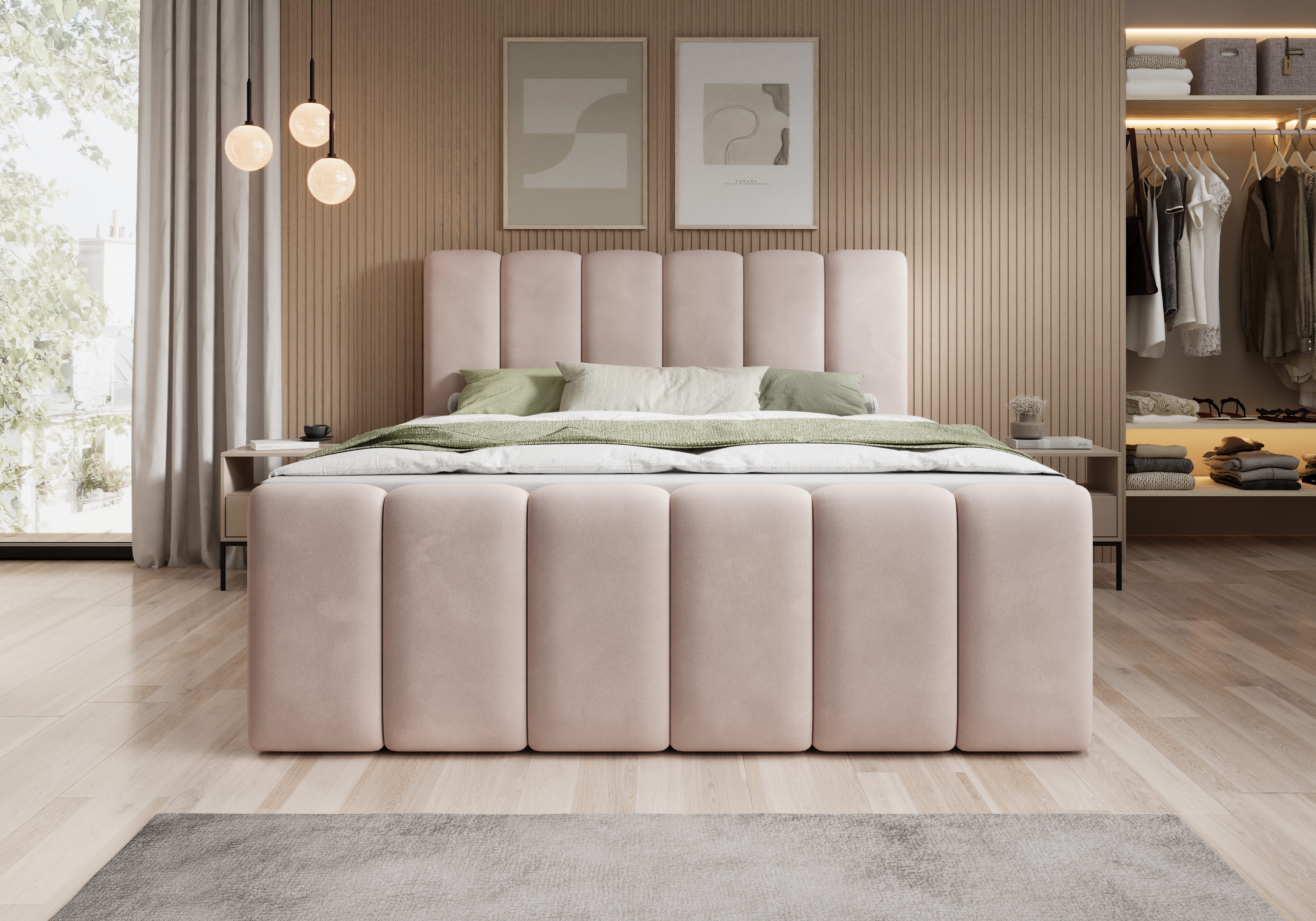 thematys Boxbett mit Bettkasten 140x200–200x200 cm – Velours oder Bouclé Bezug – (Polsterbett Bonnellfederkern Matratze H3 + Gratis 3cm Topper, Boxbett - Luxus  – Bild 2 von 5