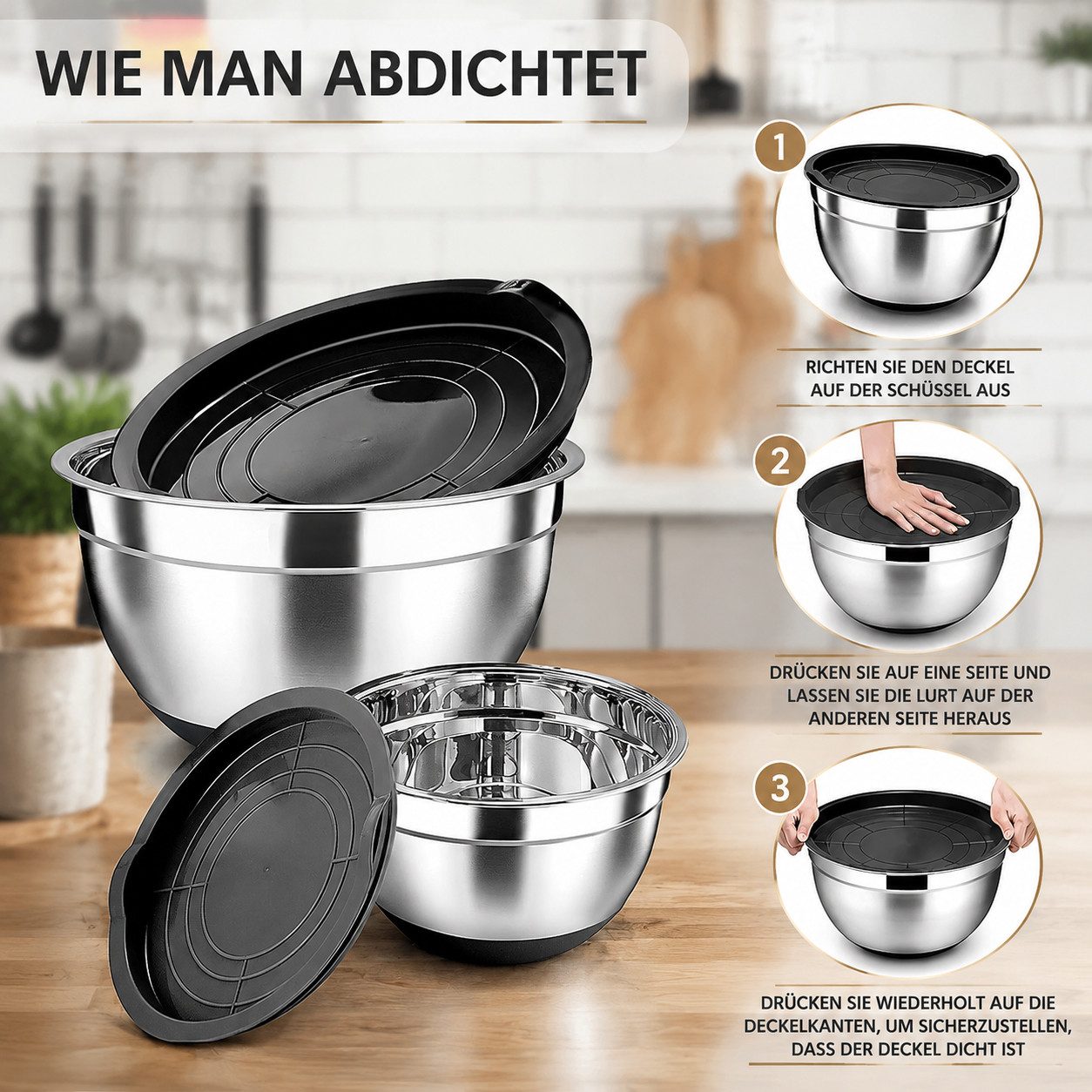 GLIESE POWER Rührschüssel -Set 4-teilig – Edelstahl, 16-26 cm, stapelbar & luftdicht, Edelstahl, (Set, 4-tlg), Stapelbar, Leicht zu reinigen – Bild 2 von 5