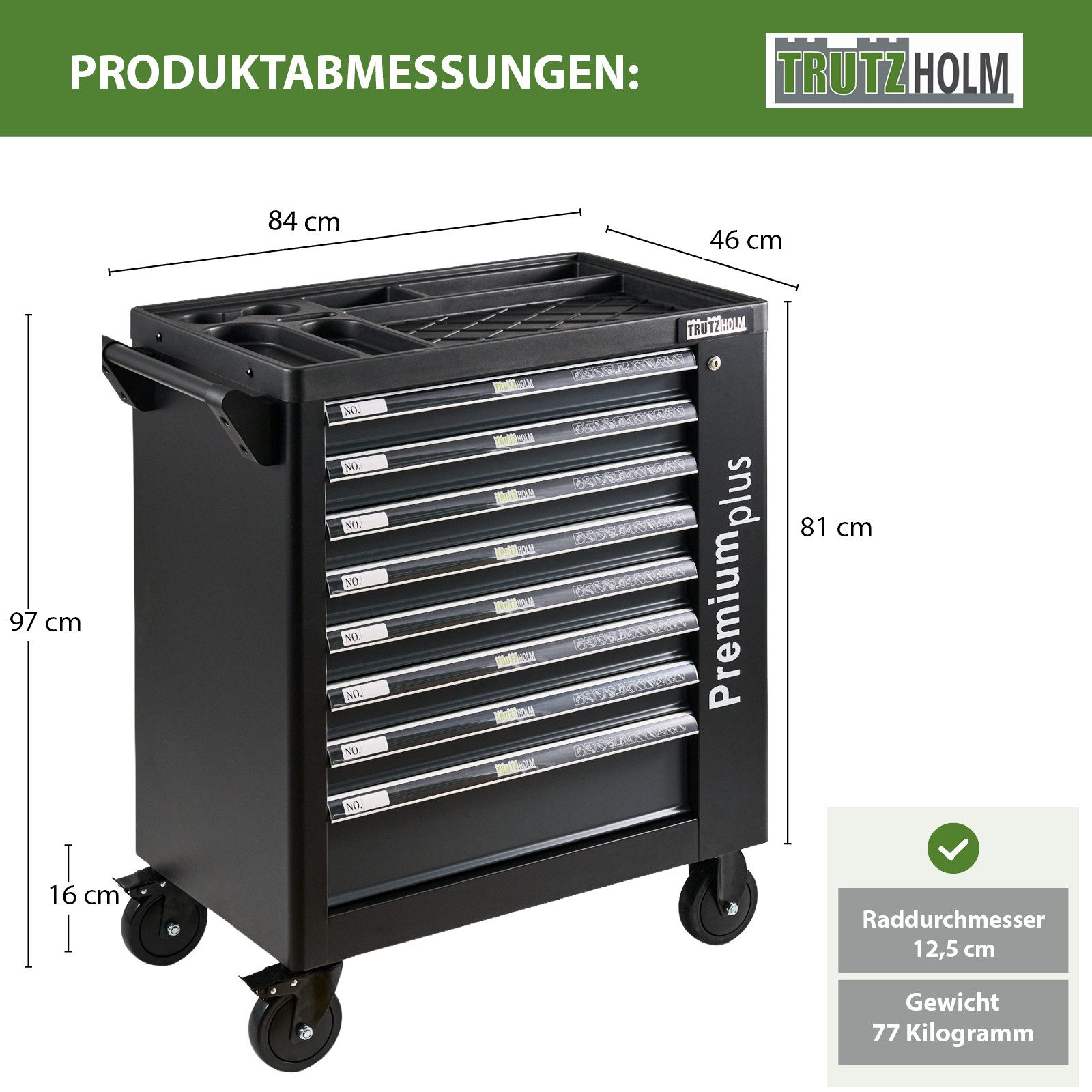 TRUTZHOLM Werkstattwagen Werkzeugwagen Premium XXL mit Werkzeug 840mm Breite.CRV Werkzeug, auf Rollen, 254-tlg. Werkzeugset, 7 Schubladen,gefüllt,abschließbar,Anthrazit