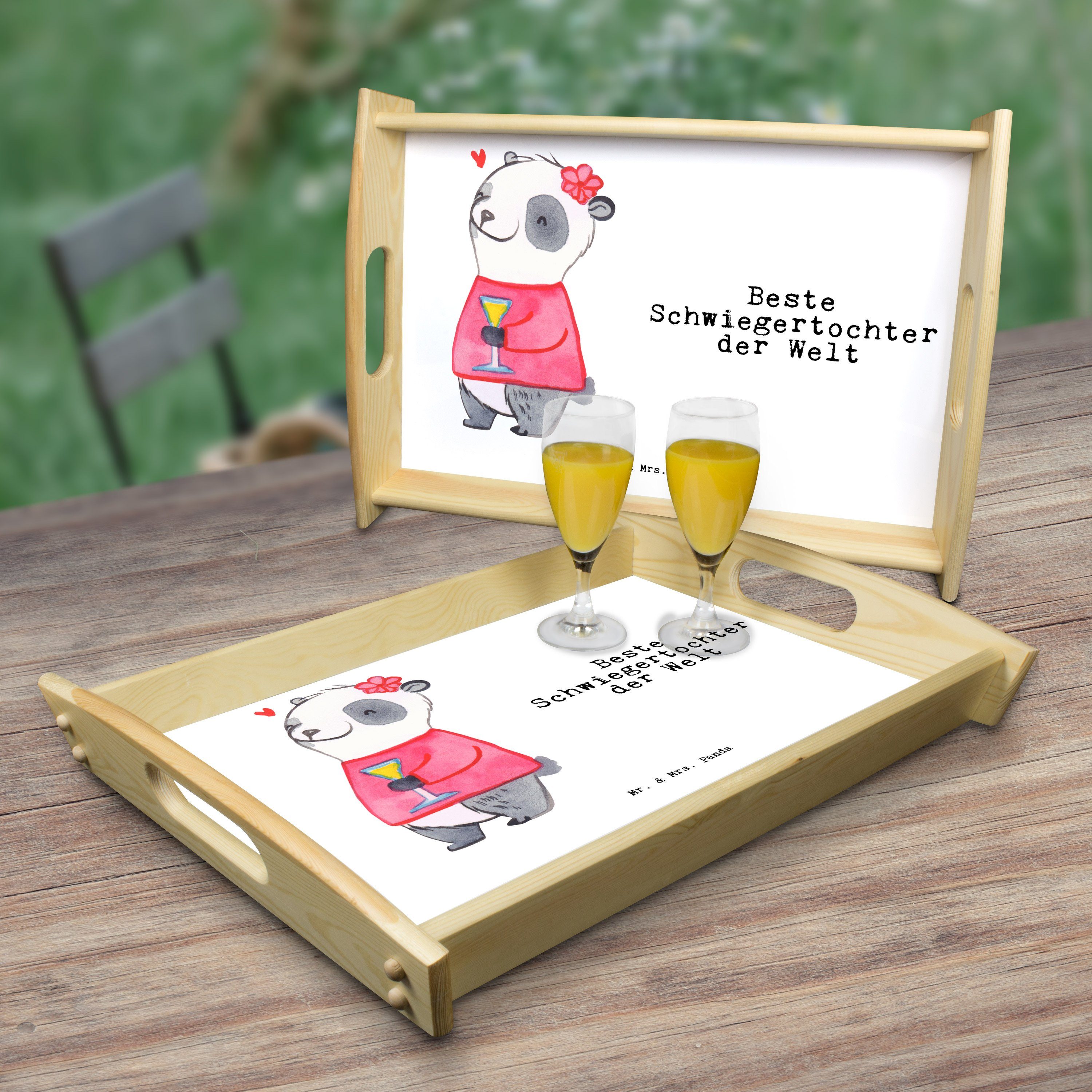 Mr. & Mrs. Panda Tablett Welt Dankesc, Echtholz Panda der Geschenk, lasiert, - (1-tlg) Schwiegertochter für, Beste Weiß 