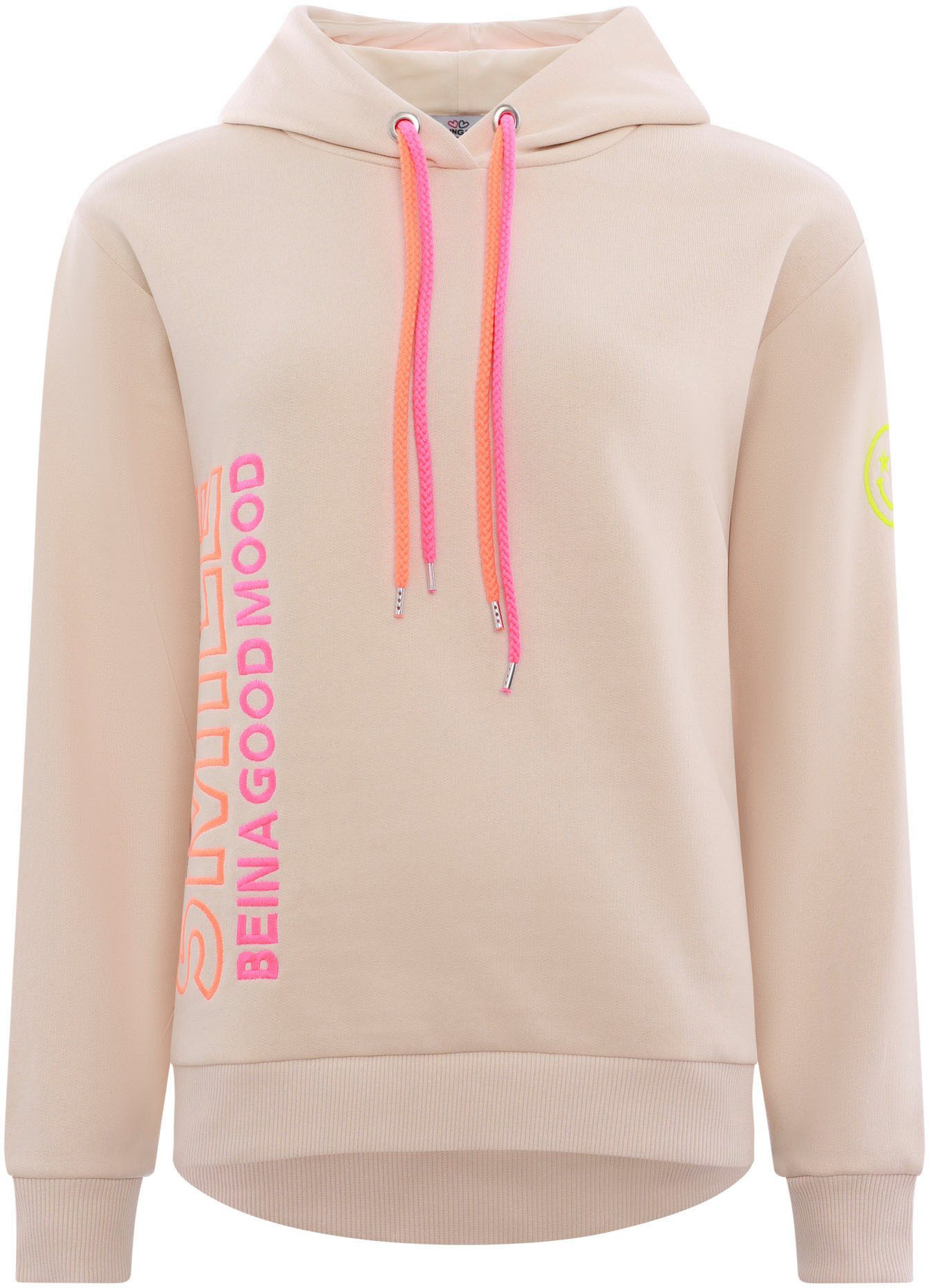 Zwillingsherz Sweatshirt gestickter Schriftzug, Kapuze, Langarm, Kängurutasche, Neon-Details – Bild 2 von 5