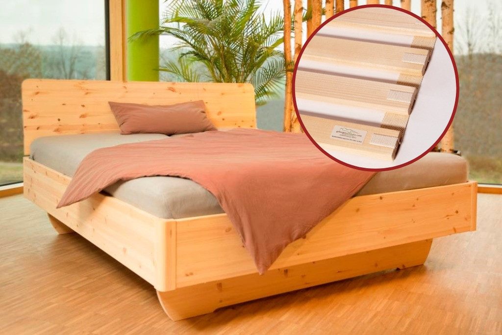 geborgenschlafen Massivholzbett BIOBETT Zirbenbett FREYA mit Rollrost Massivholz Schlafkomfort (Bett FREYA + 2 Roll-Lattenroste passend zum Bettmaß), Zirbenholz Schwebebett FREYA Set inkl. metallfreiem Lattenrost