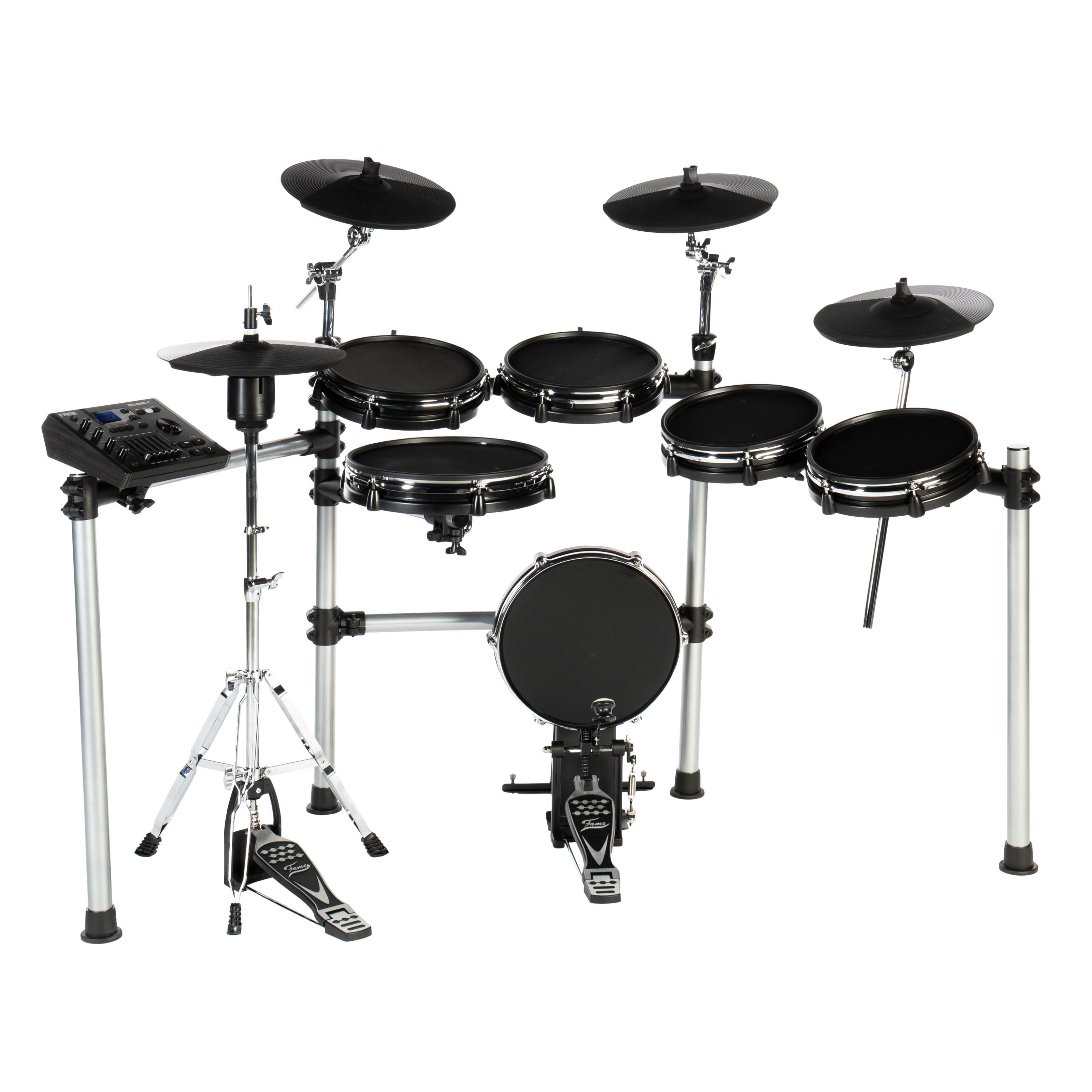 FAME E-Drum,DD-ONE Pro XT E-Drum Set, Elektronisches Schlagzeug-Set mit echter HiHat, 12" Snare-Pad und 12" Kick-Pad, 554 deutsche Studio-Sounds, 78 Drumsets, Aux, MIDI, MP3 und Effekten, inkl. Rack, Schwarz, E-Drums, E-Drum Sets, DD-ONE Pro XT, E-Drum Set, Elektronisches Schlagzeug, HiHat