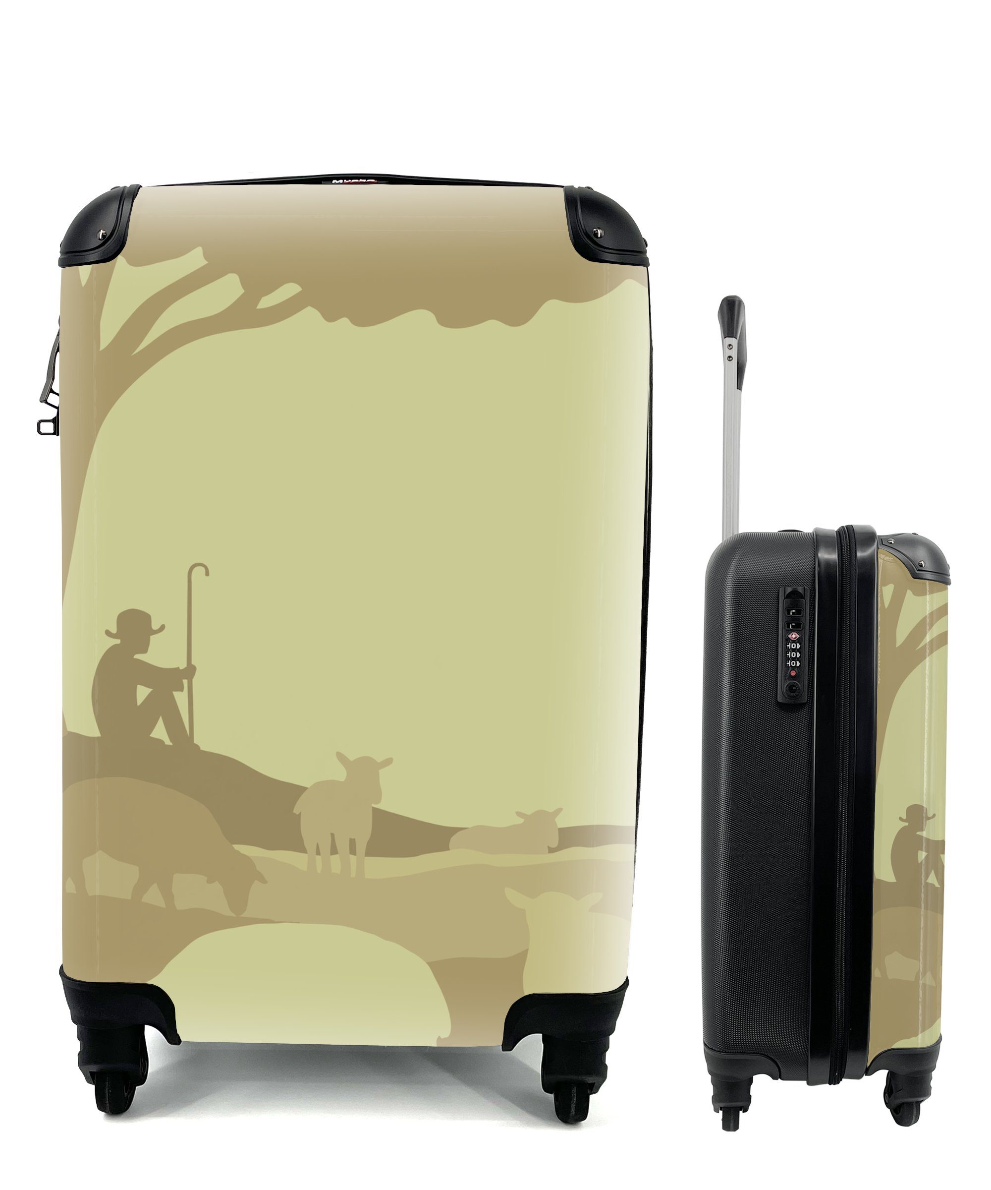 MuchoWow Handgepäckkoffer Illustration eines Hirten mit einer Schafherde, 4 Rollen, Reisetasche mit rollen, Handgepäck für Ferien, Trolley, Reisekoffer