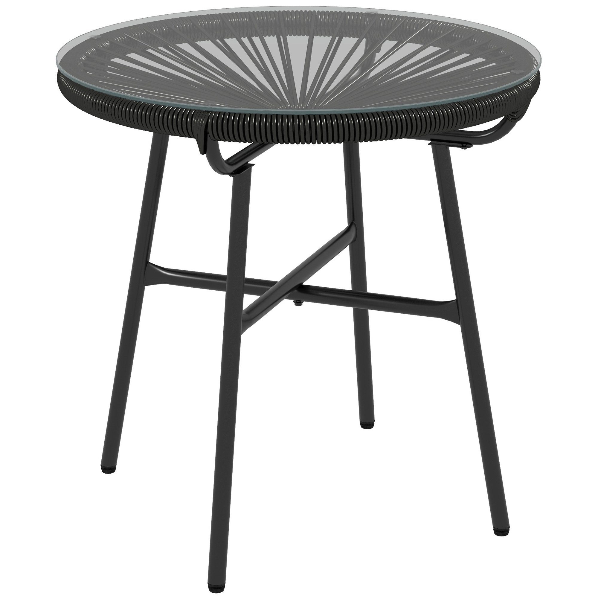 Outsunny Beistelltisch Rattan Couchtisch Bistrotisch mit Glastischplatte (Kaffeetisch, 1-St., Gartentisch), für Terrasse, Balkon, Schwarz, 50 x 50 x 50 cm