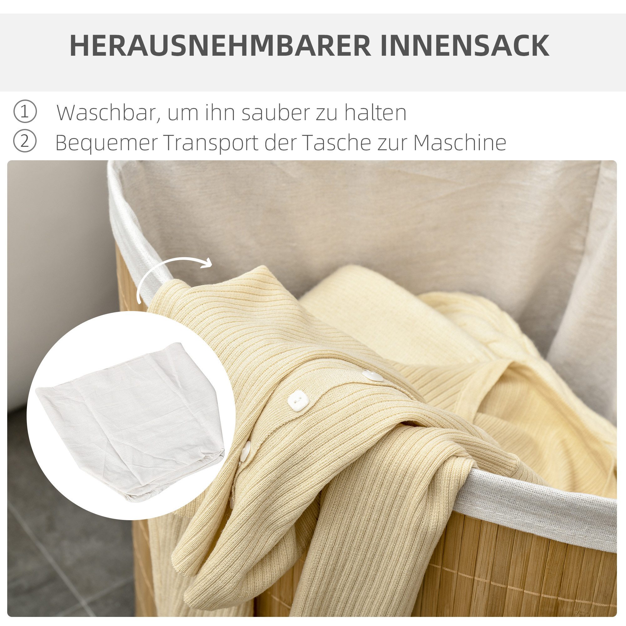 HOMCOM Wäschekorb Bambus Eck Wäschetonne mit Deckel 55L herausnehmbar Wäschesack (Wäschetonne, 1 St., Wäschesammler), für Waschküche Badezimmer Schlafzimmer Nat – Bild 5 von 5