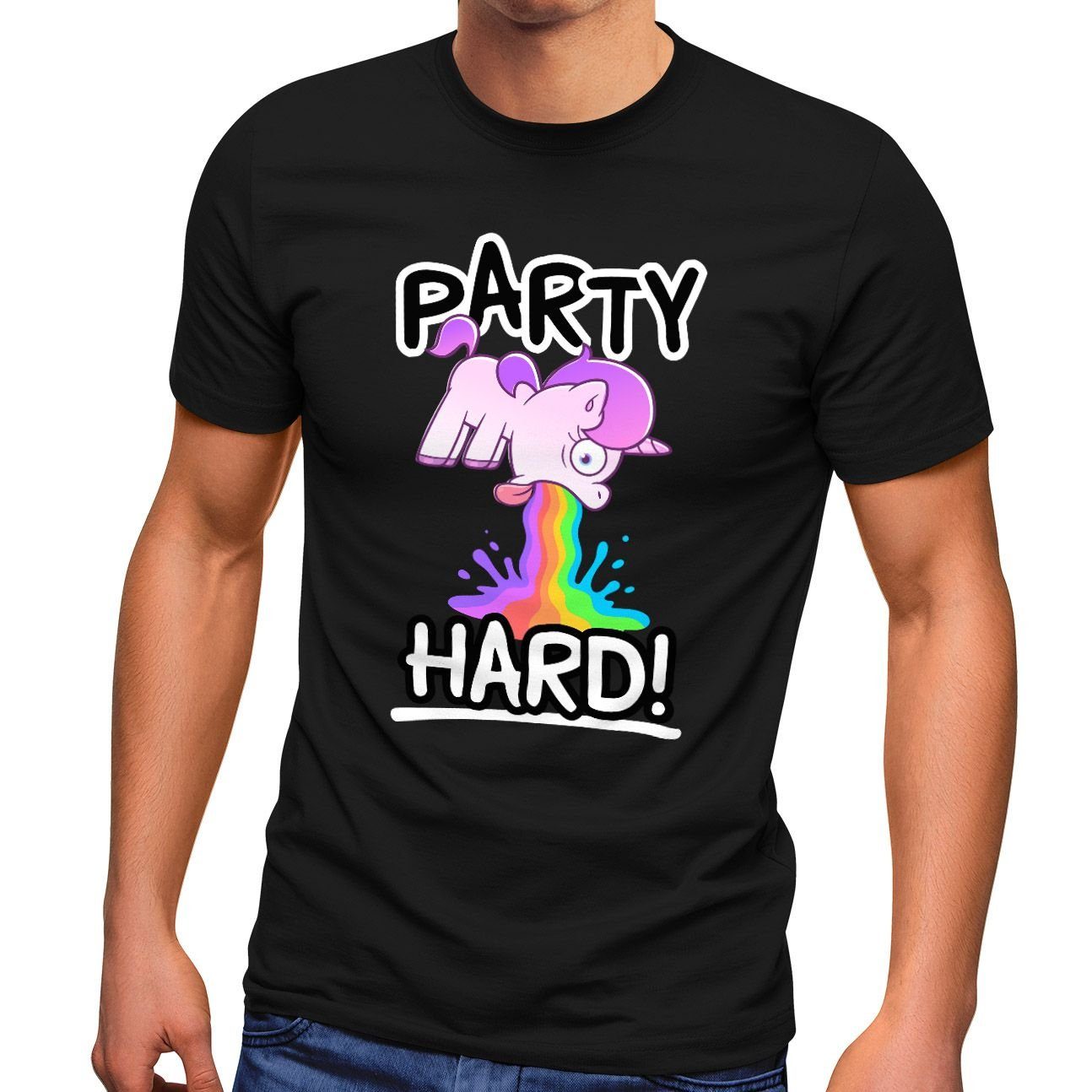 Hard Einhorn Spruch mit lustig T-Shirt Moonworks® Saufshirt kotzendes Comic-Stil Print-Shirt MoonWorks Herren Print Party Fun-Shirt