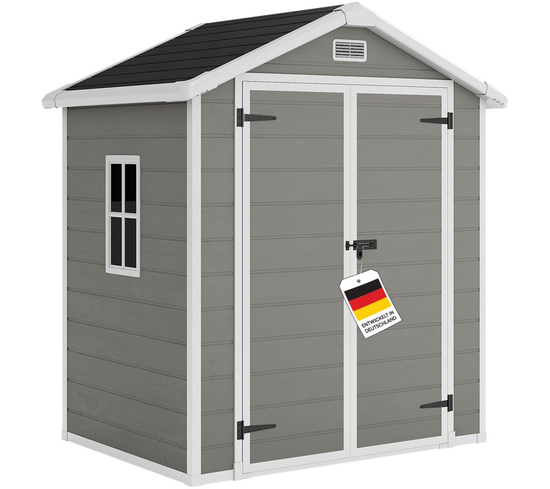 STEELSØN Gerätehaus Novara Gartenhaus mit Bodenplatte, wetterfest, Schuppen inkl. Fenster, Grau/Schwarz, Geräteschuppen mit Satteldach L, Schuppen aus Kunststoff