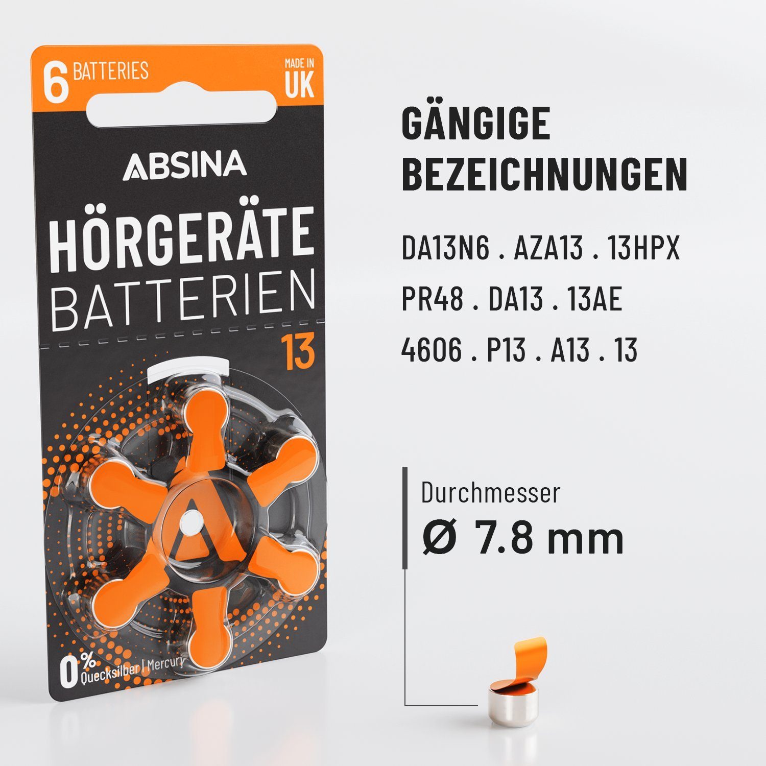 ABSINA 6x Hörgerätebatterien 13 - Knopfzelle, orange PR48 St) Batterien Hörgeräte P13 (1 ZL2 13