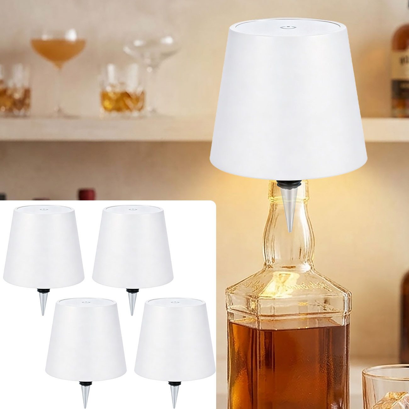 shop'n smile ideoon LED Tischleuchte Akku Flaschenlampe Weiß Dimmbar LED Tischleuchte Touch USB-C kabellos, LEDs, Akku-Flaschenlicht 3 Lichtfarben, dimmbar, Touch, Metallschirm