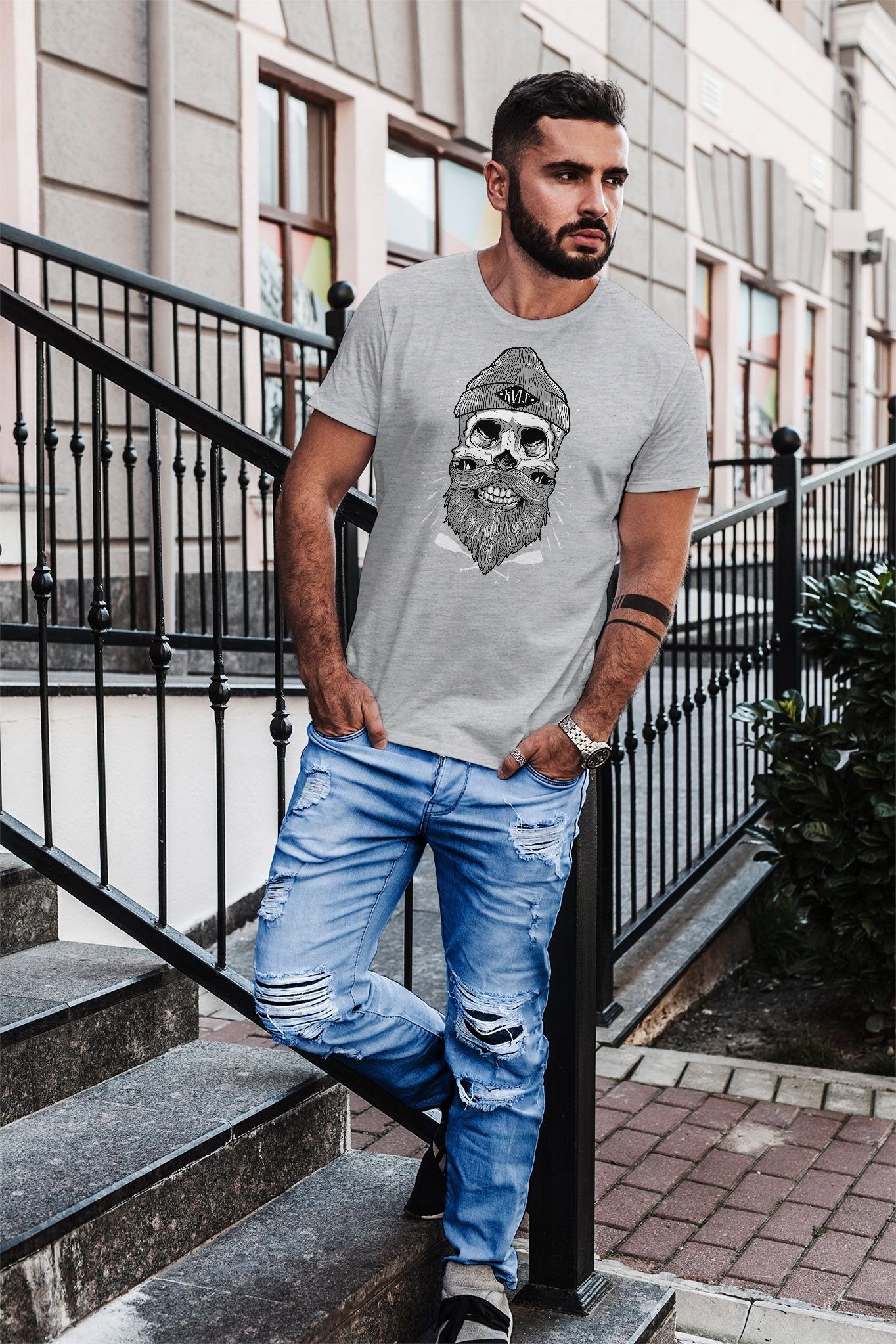 grau Herren Captain Bart Kapitän Print Neverless Print-Shirt Fit Skull Totenkopf Neverless® mit T-Shirt Slim Beard