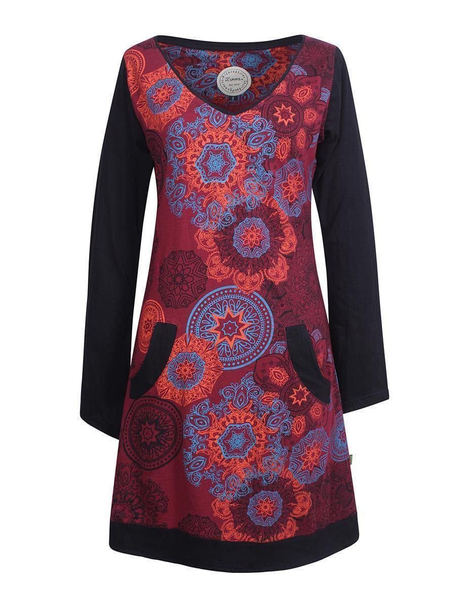 Vishes Jerseykleid Langarm Lagen-Look Kleid Mandalas V-Ausschnitt Long Shirt, Hippie-Kleid dunkelrot