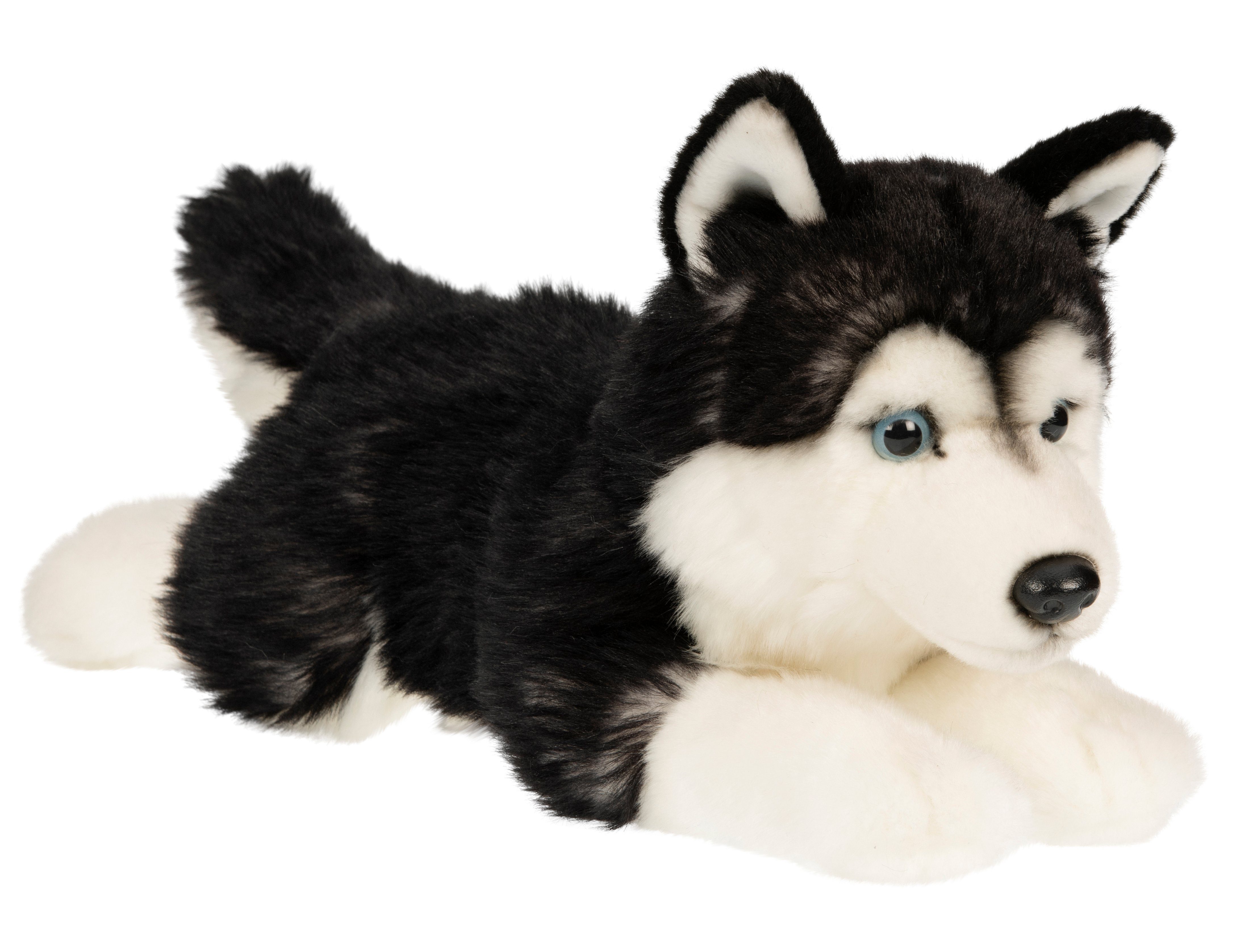 Uni-Toys Kuscheltier Husky schwarz, liegend - 41 cm (Länge) - Plüsch-Hund - Plüschtier, zu 100 % recyceltes Füllmaterial