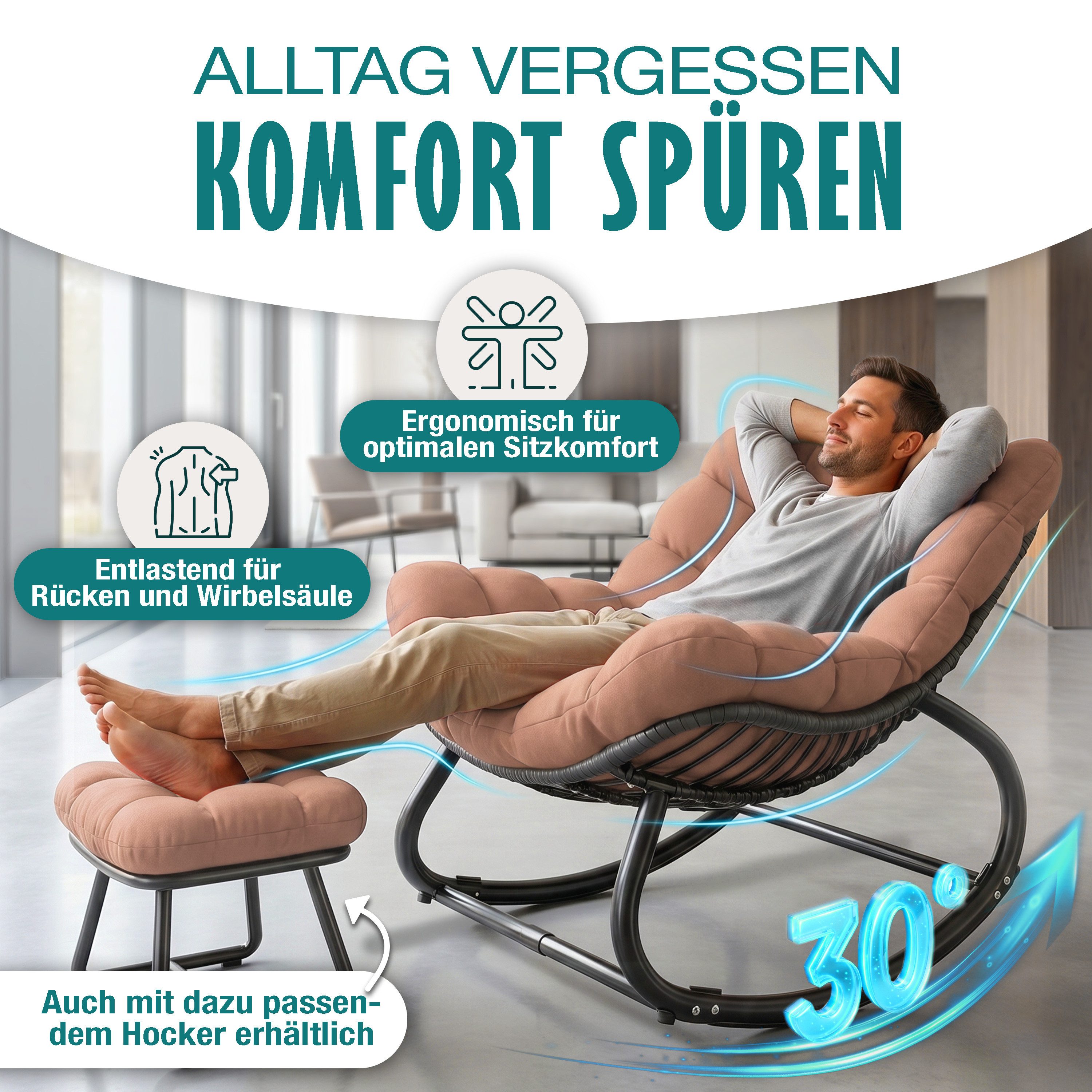 KESSER Schaukelstuhl (maximale Belastung 120kg, witterungsbeständig & mit rutschfesten Füßen), Loungesessel ergonomisches Relaxsessel für Balkon, Garten & Wohnz – Bild 4 von 5