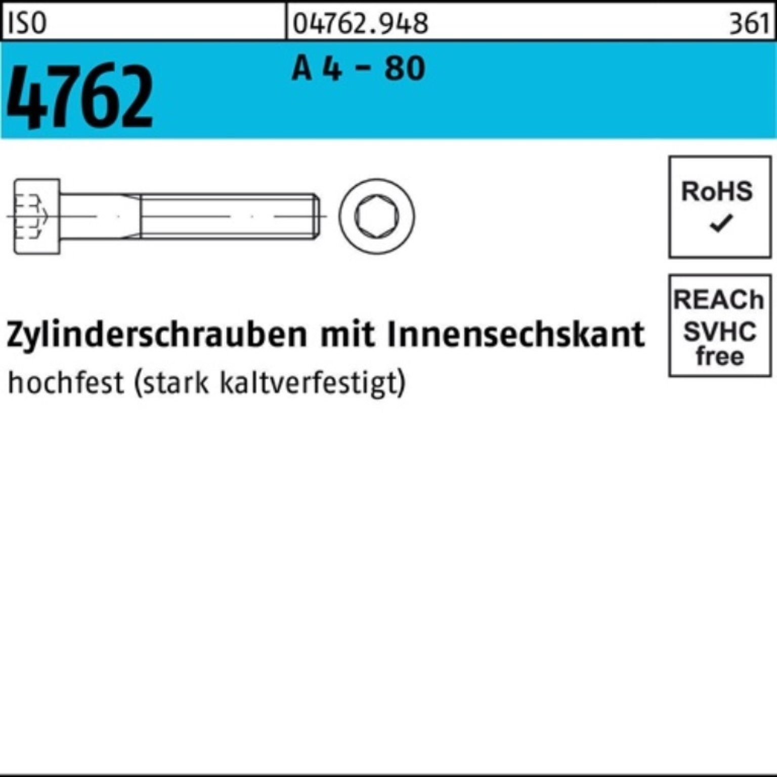 Reyher Zylinderschraube 100er Pack Zylinderschraube ISO 4762 Innen-6kt M20x 50 A 4 - 80 1 Stü