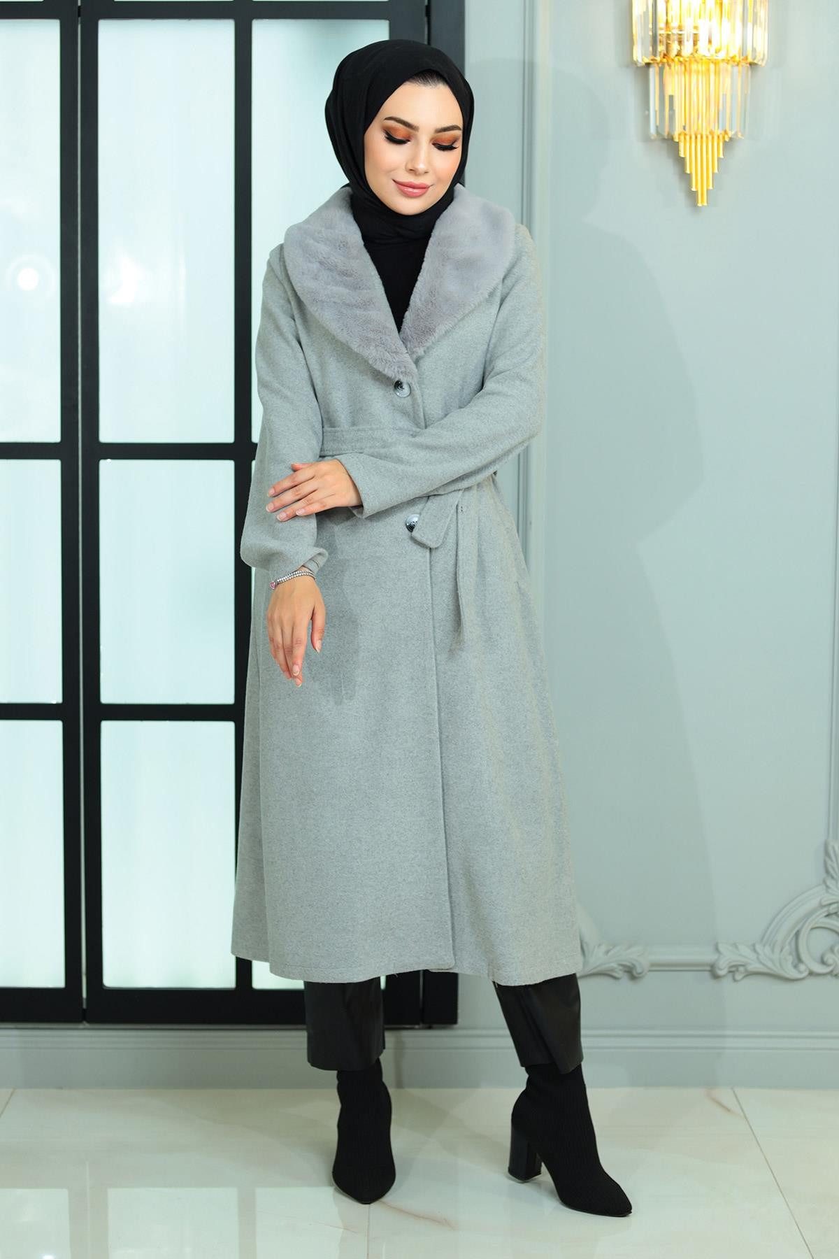MODAMİHRAM Wintermantel Faux-Fur-Kragen Cashmere Mantel 19174