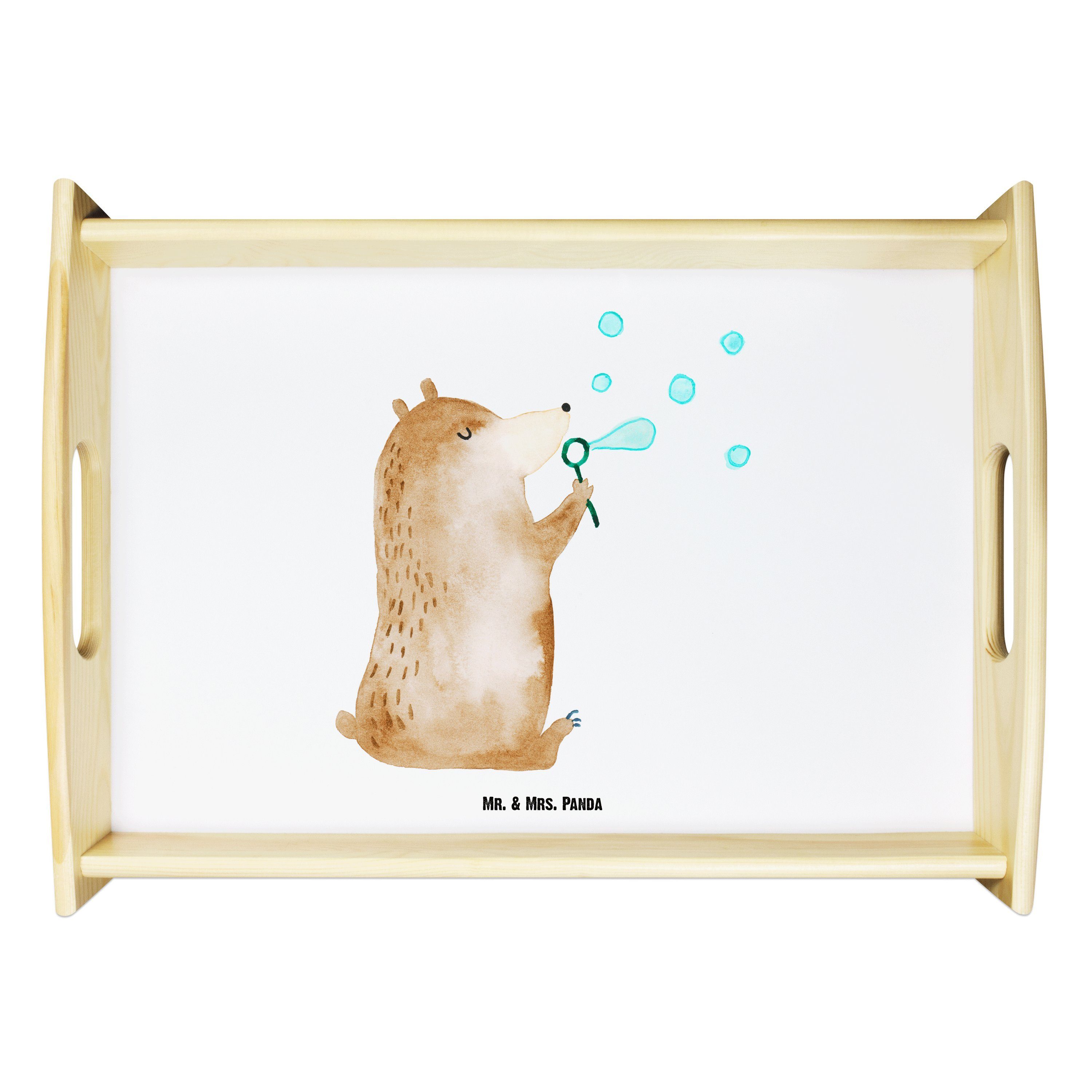 Mr. & Mrs. Panda Tablett Bär Seifenblasen - Weiß - Geschenk, Teddybär, Seifenblasen Bär Lustig, Echtholz lasiert, (1-tlg)