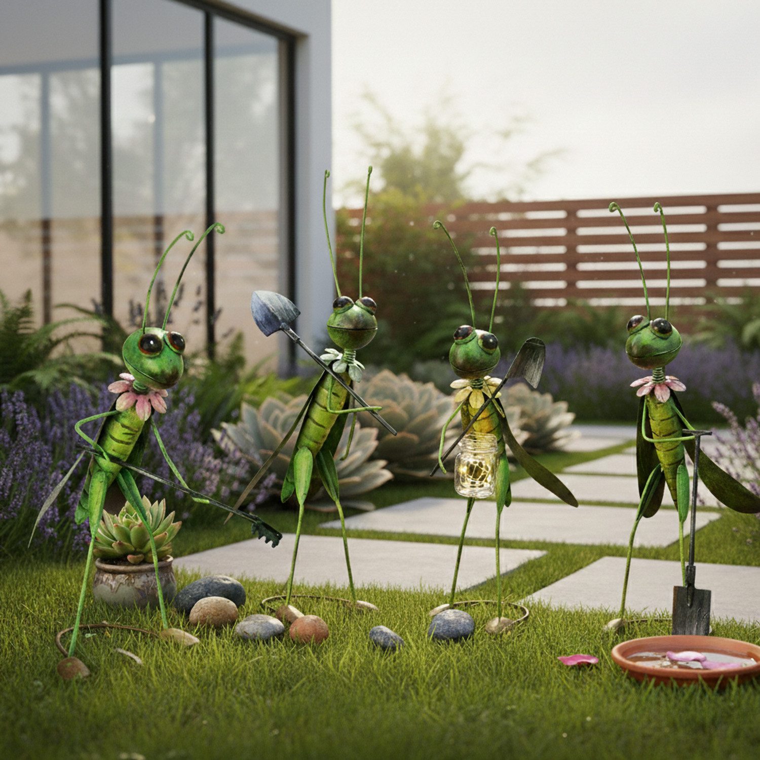 Macosa Home Dekofigur Deko Grashüpfer 4 Stück aus Metall 35 x 14 cm (Tierfigur Dekofigur Insekt, 4 St., Metallfigur Gartendeko), Metall Grün Dekograshüpfer Garten-Dekoration