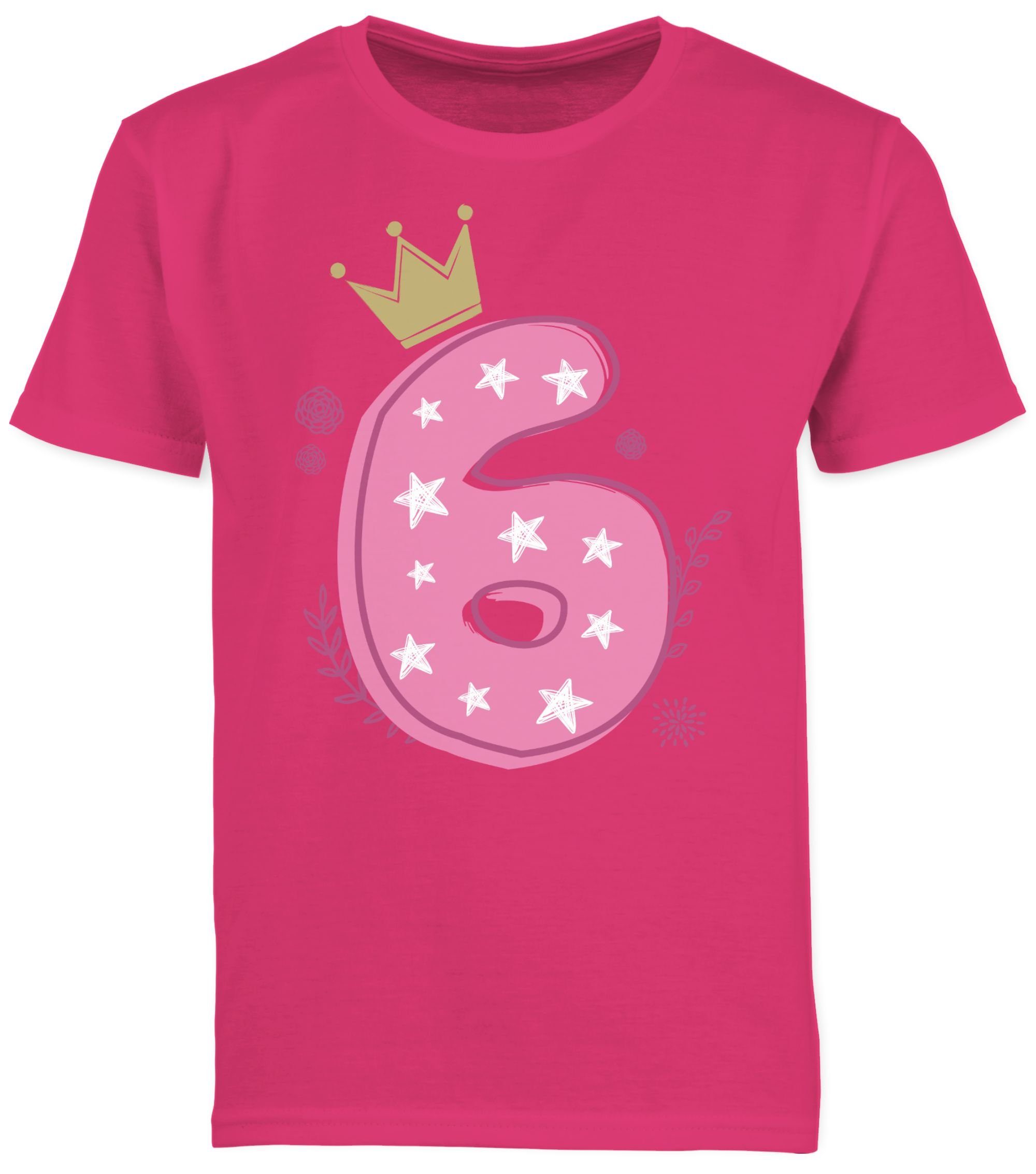 Shirtracer T-Shirt Sechster Mädchen Krone Sterne 6. Geburtstag 3 Fuchsia