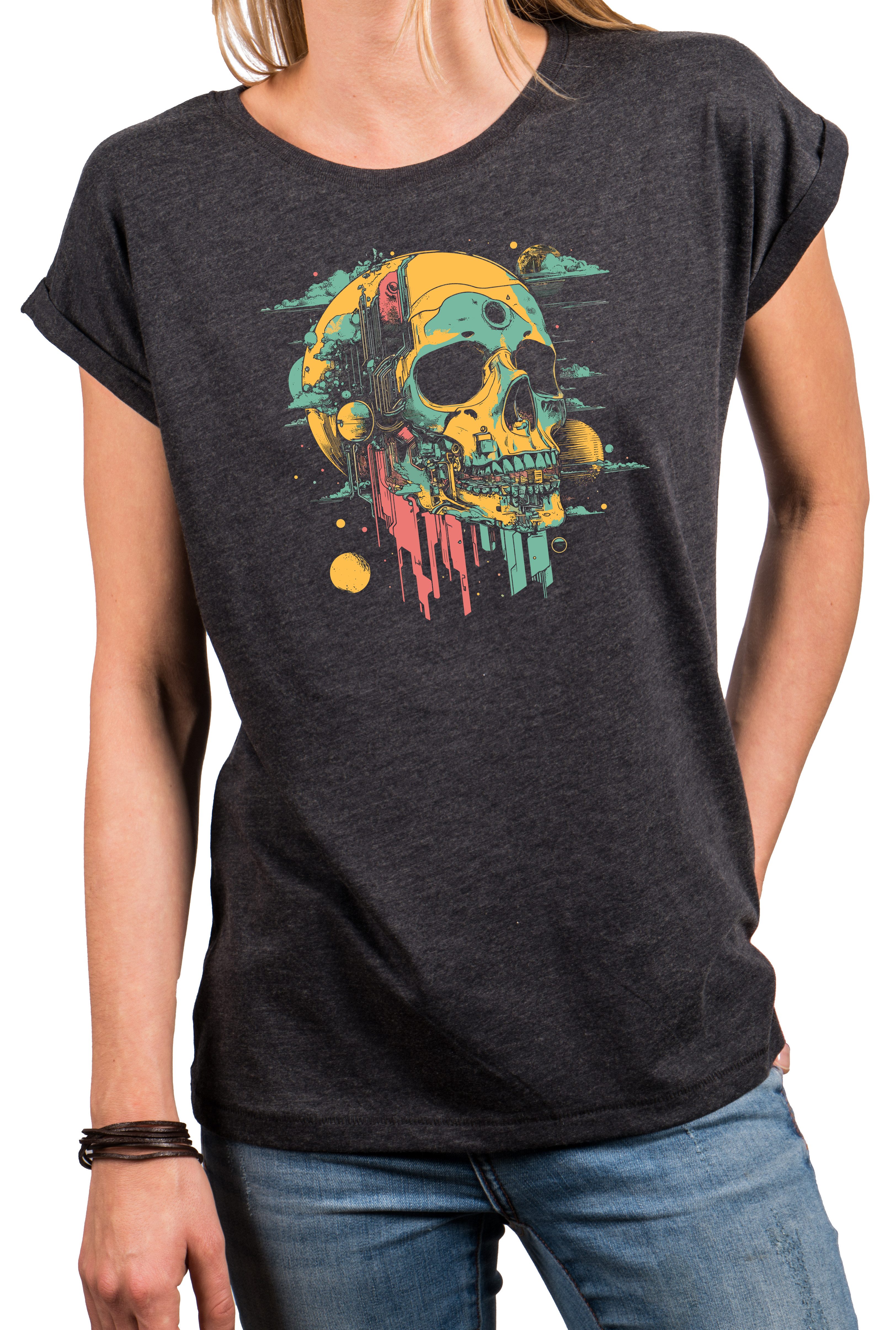 T-Shirt Damen-Top mit buntem Totenkopf – rockiger Festival-Look