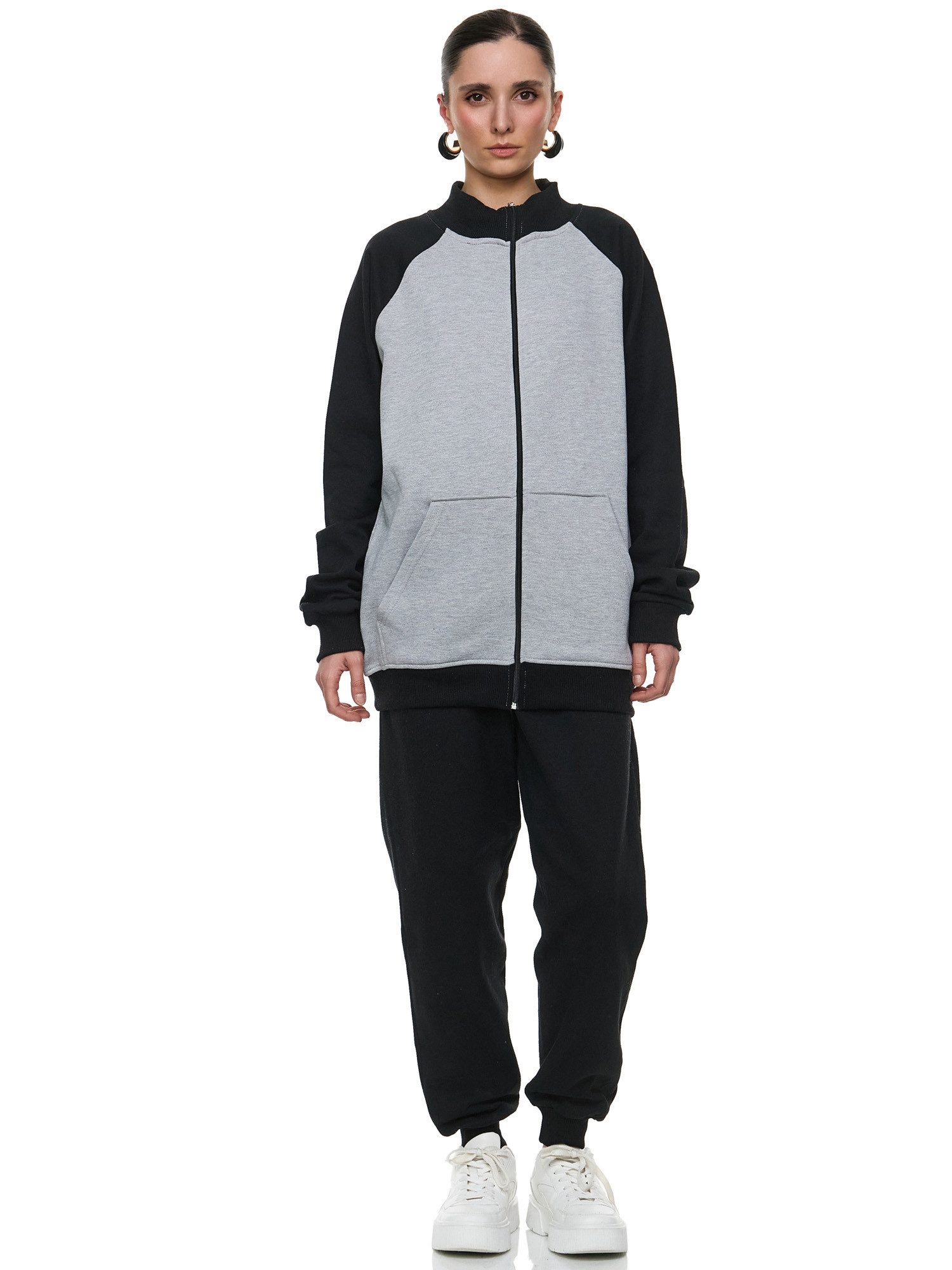 L.gonline Freizeitanzug Damen Trainingsanzug Freizeitanzug ohne Kapuze 500A Grau, L (Sweatjacke ohne Kapuze mit Hose, 2-tlg), Fitness Freizeit Casual