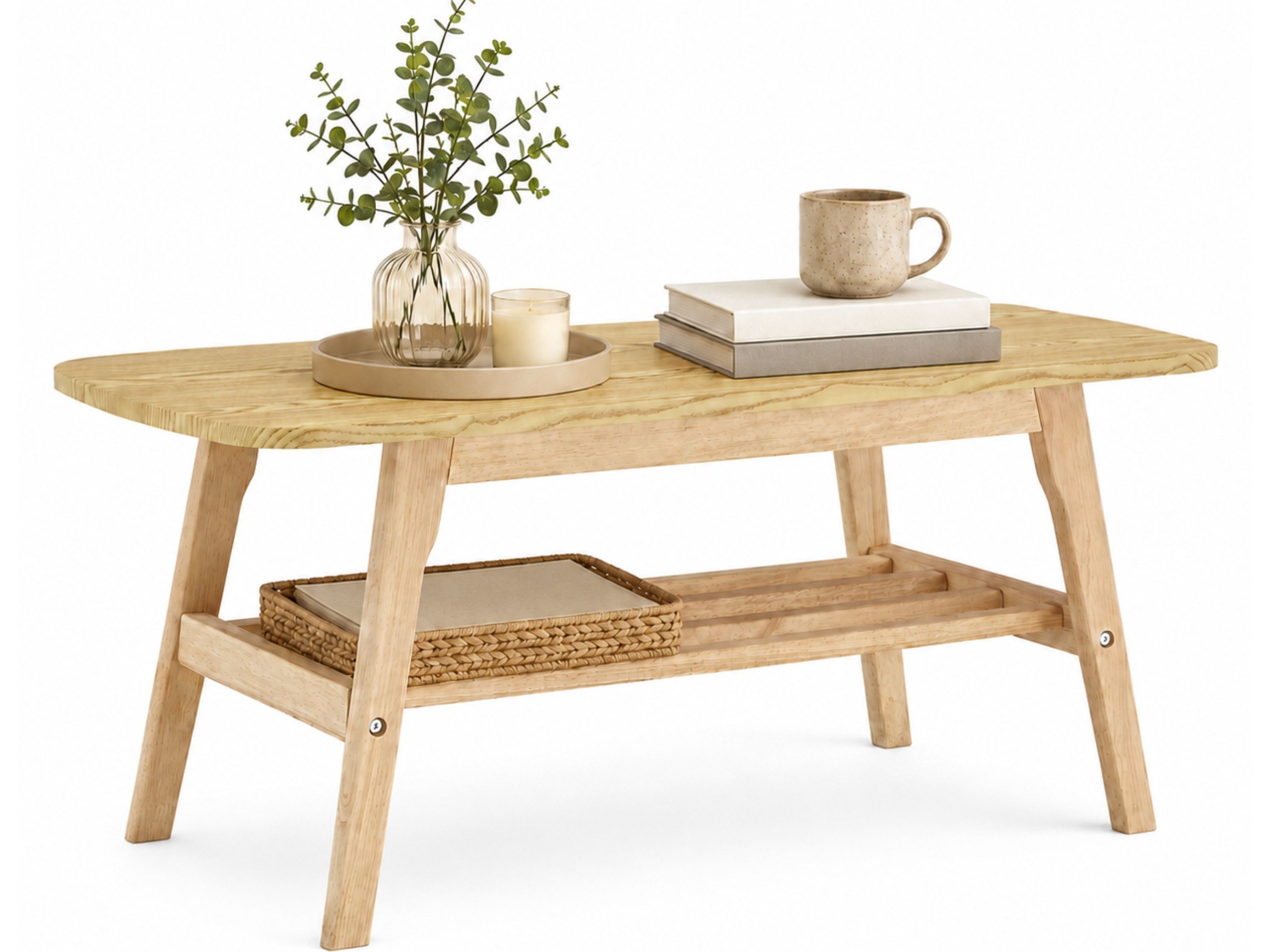 SeedWave Couchtisch Sofatisch 100 cm mit Gitterablage und abgerundeter Tischplatte (1 Tisch), Wohnzimmertisch im Landhausstil mit schrägen Holzbeinen