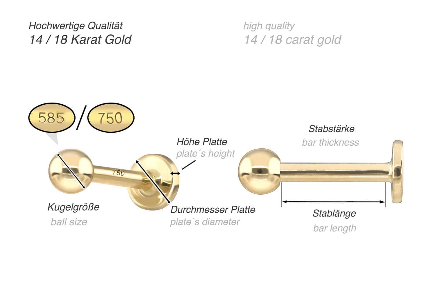 PIERCINGLINE Piercing-Set 14/18 Karat Gold Labret (Labrets, 1-tlg)