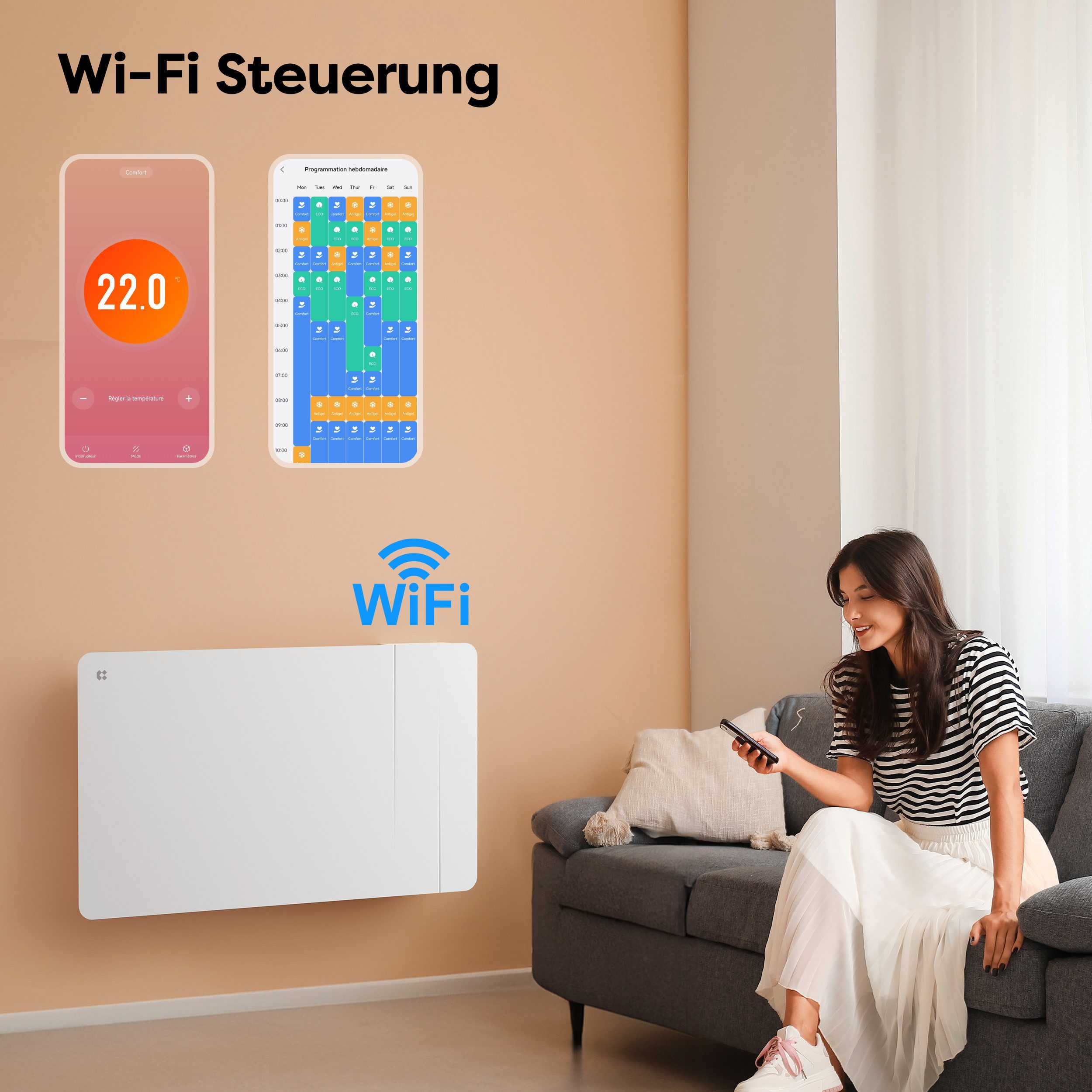 CIARRA Elektro-Heizkörper Heizgerät Smart-Heater 1000 W - 2000 W / 10–25 m², Intelligenter Keramik-heizkörper Elektroheizung Thermostat mit PID