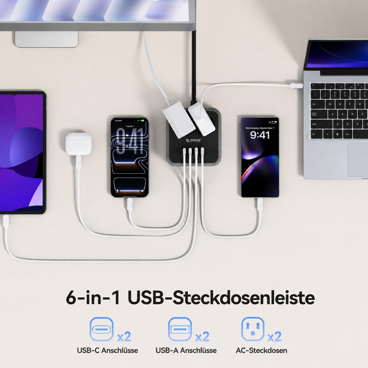 ORICO Steckdose 6-in-1 Mehrfachsteckdose mit USB-C PD 20W, 3 m Kabel, 1-St., 2 Steckdosen & 4 USB (2× USB-C), Kompakt-Powercube für Büro & Zuhause – Bild 4 von 5