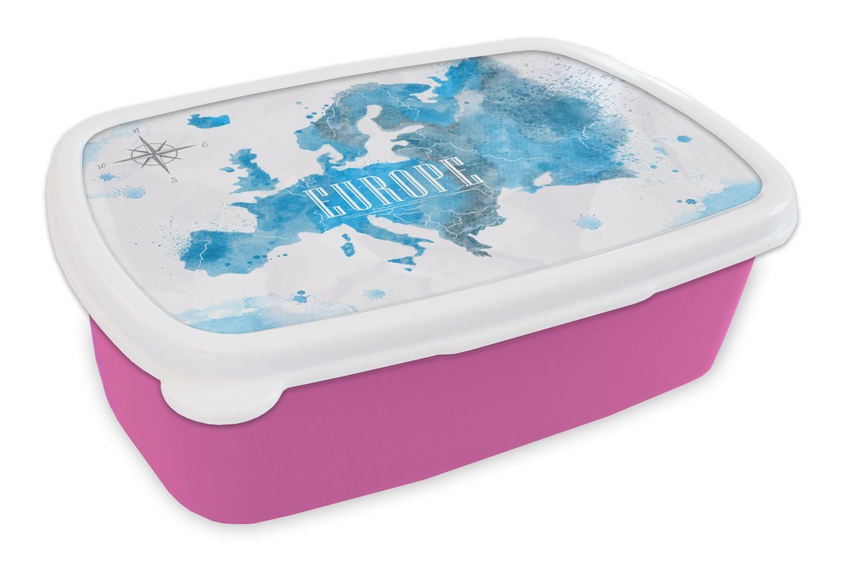 MuchoWow Lunchbox Aquarell - Karte - Europa, Kunststoff, (2-tlg), Brotbox für Erwachsene, Brotdose Kinder, Snackbox, Mädchen, Kunststoff rosa