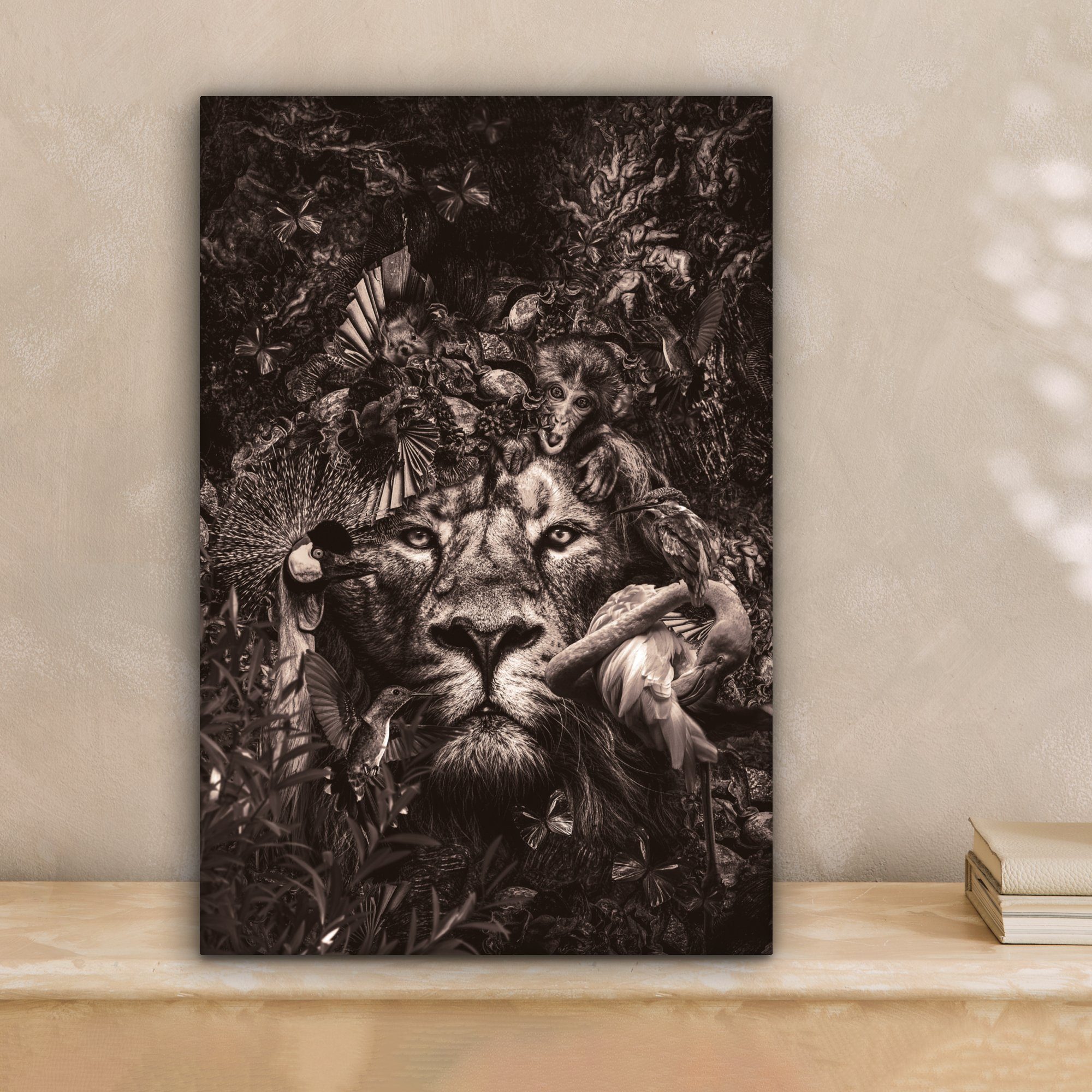 Zackenaufhänger, 20x30 OneMillionCanvasses® (1 Leinwandbild Gemälde, Löwe, - Tiere bespannt Leinwandbild inkl. - cm St), fertig Flamingo
