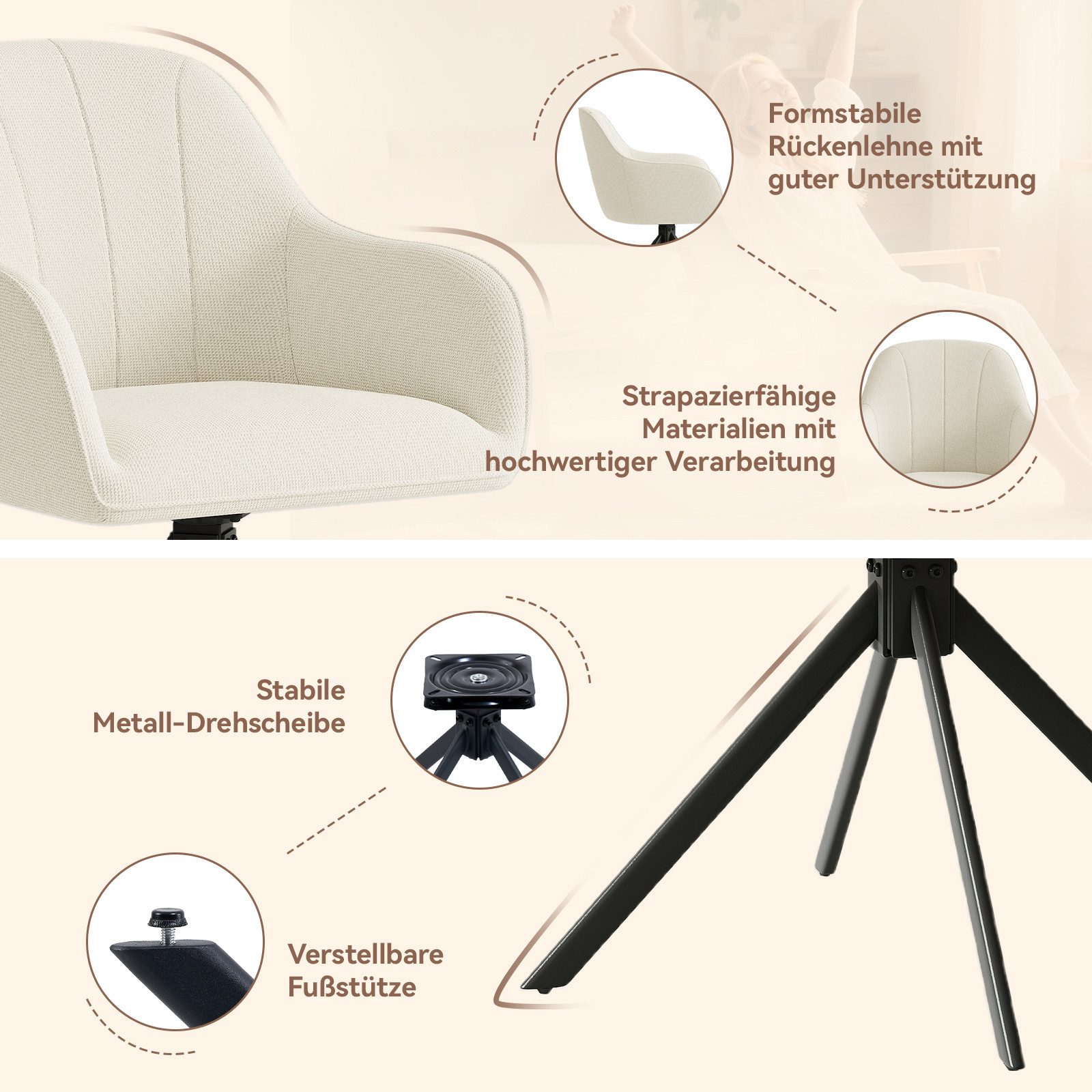 HawthyHome Polsterstuhl 360° drehbar mit Armlehne und Metallbeinen, 4-Fußstuhl (1 St), Moderner Küchenstuhl Esszimmerstuhl für Wohnzimmer & Büro – Bild 5 von 5