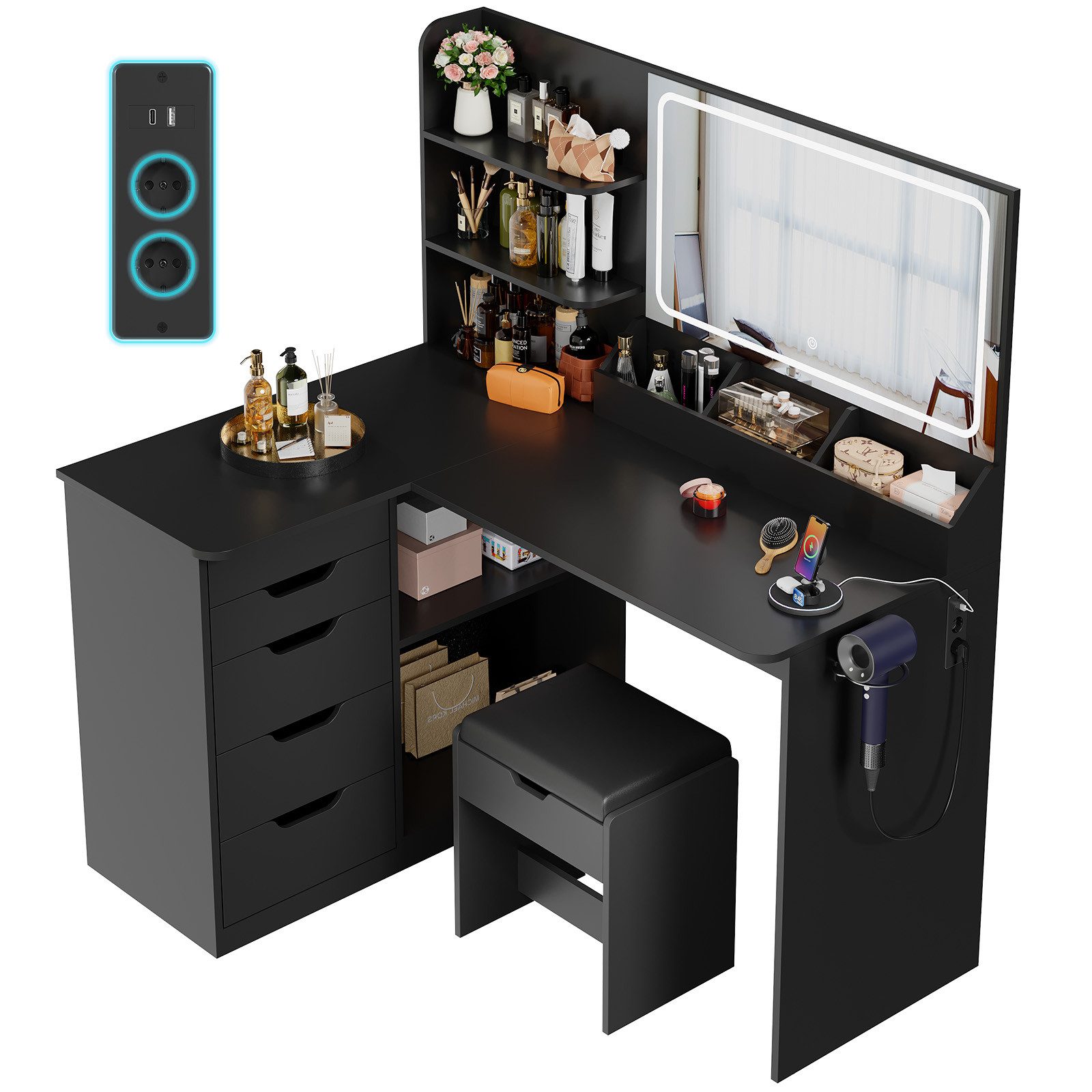 HOMALL Schminktisch Mit Stuhl und dreifarbigem LED-Spiegel, Helligkeit einstellbar (Extra groß: 120 x 80 x 136 cm, 2 Steckdosen + 1 USB-Anschluss + 1 Typ-C-Anschluss, 5 Schubladen + 8 Ablagefächer – für ein perfektes Schminkerlebnis)