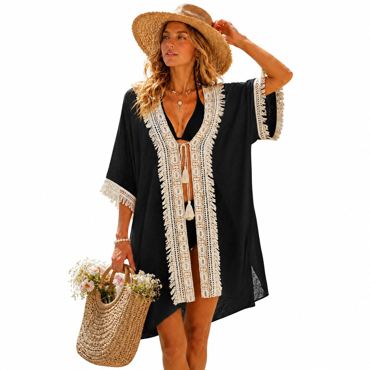 MOPUEA Strandkleid Strandkleider für Damen, gehäkeltes Strandkleid mit Quasten (V-förmiges Strandkleid für Damen, Top-Strandkleid, Pool-Netz-Strandkleid, 1-tlg., Boho Beach Beachwear Kimono Cardigan Strand Damen Lang Sommer) Sommer Cardigans für Damen, Zu