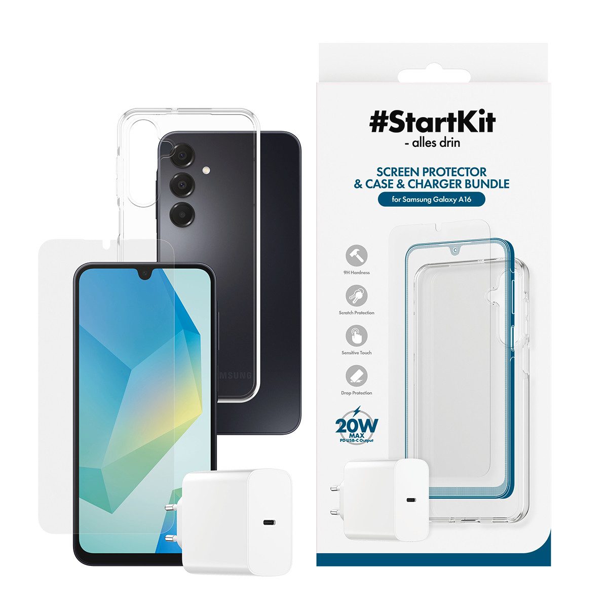 CARE by PanzerGlass StartKit - alles drin - Screen Protector, Case & Charger USB-Ladegerät (Set, 3-tlg., 20W Ladegerät, Displayschutzglas, TPU-Schutzhülle, 3-in-1 Bundle für Samsung Galaxy A16)