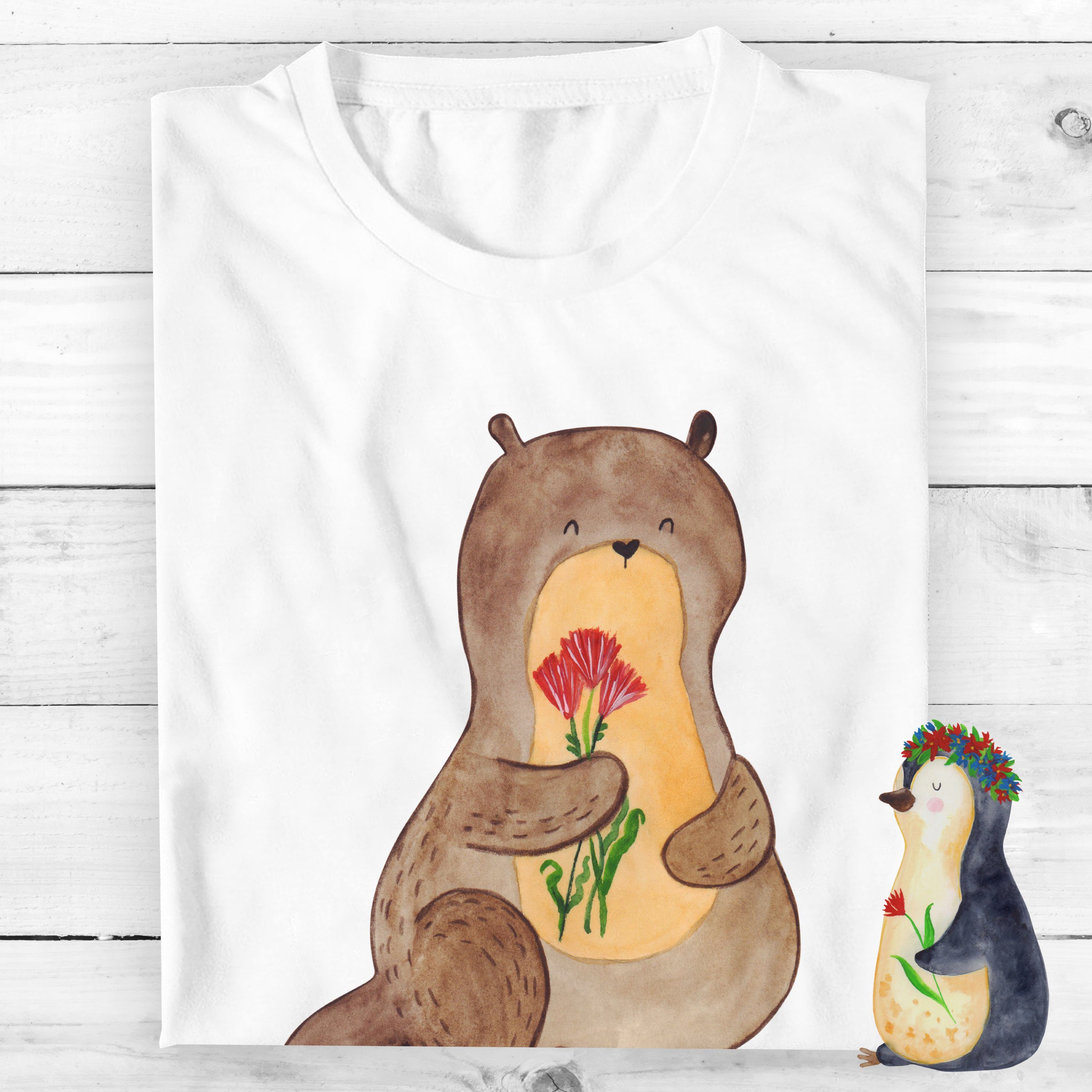 Mr. & Mrs. Panda T-Shirt Otter Blumenstrauß, Tshirt, Weiß, Tshirt, Niedlich, Blumenstrauß, See (Packung) Herren T-Shirt XXL Oversize T-Shirt Shirt XXL