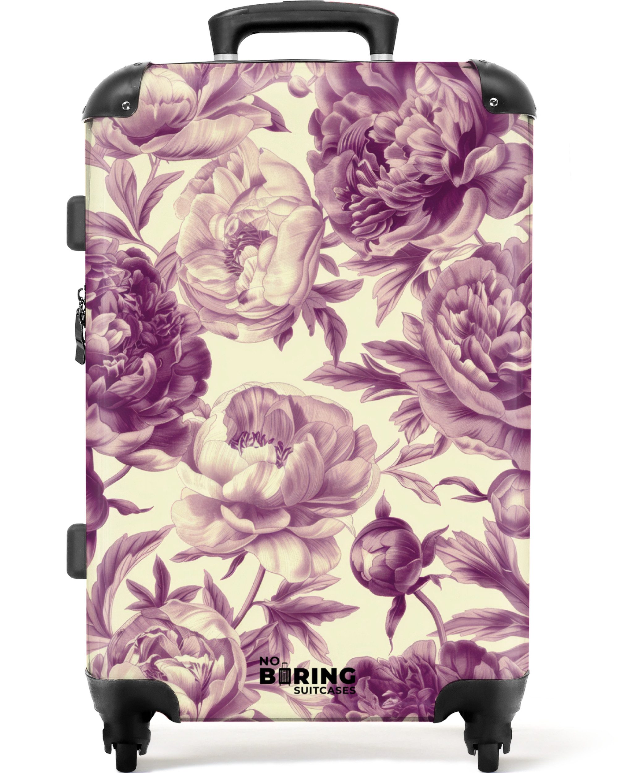 NoBoringSuitcases.com© Hartschalen-Trolley Weiß mit violetten Blüten günstig online kaufen